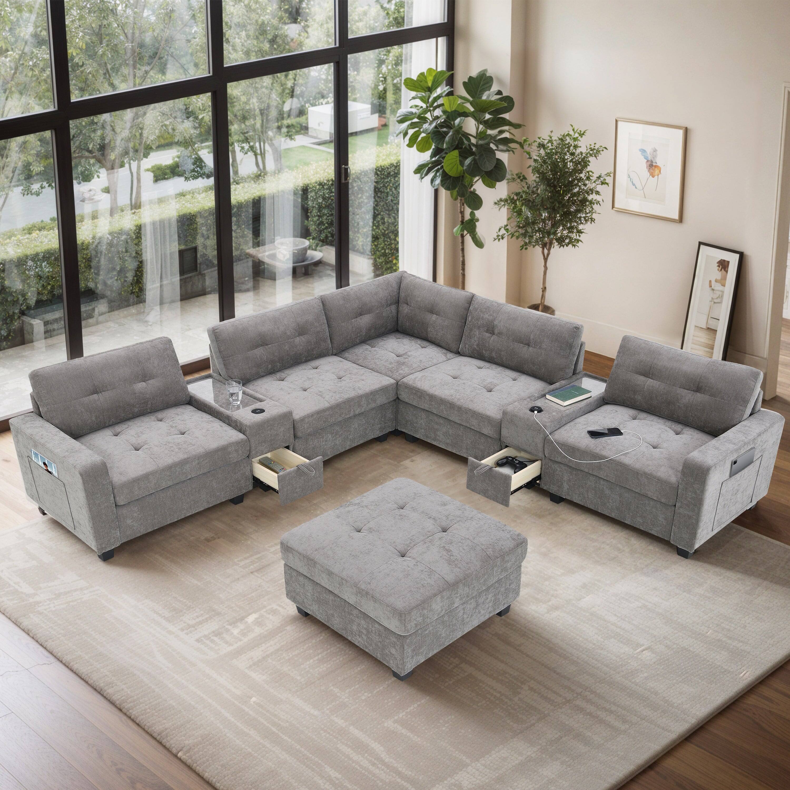 Boyel Living - 6 Seat Gray Chenille U Shaped Sectional Sofa with Two Consoles USB Charger Acrylic Table Top - Gray - Thumbnail 5