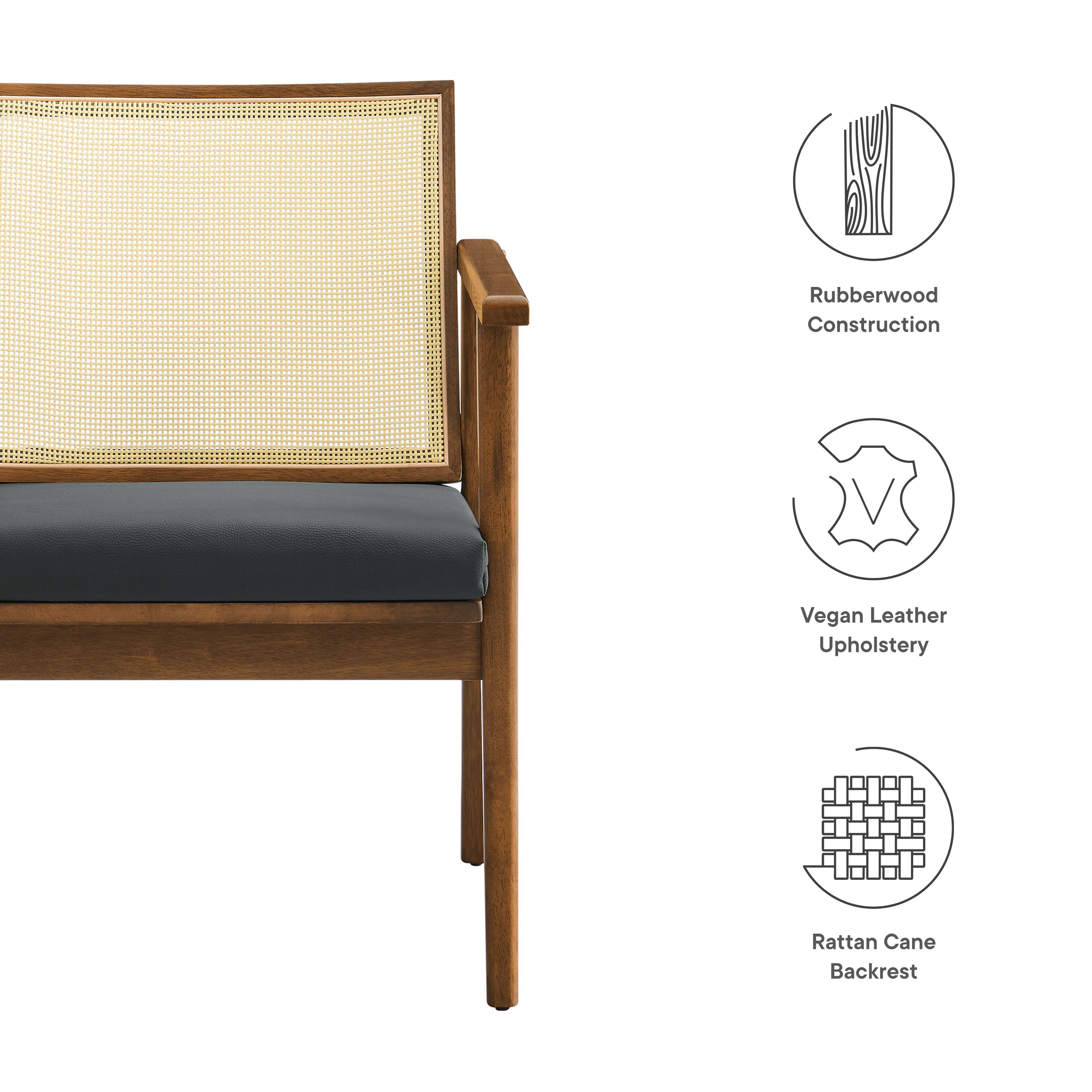 Rubberwood Construction  
Vegan Leather Upholstery  
Rattan Cane Backrest