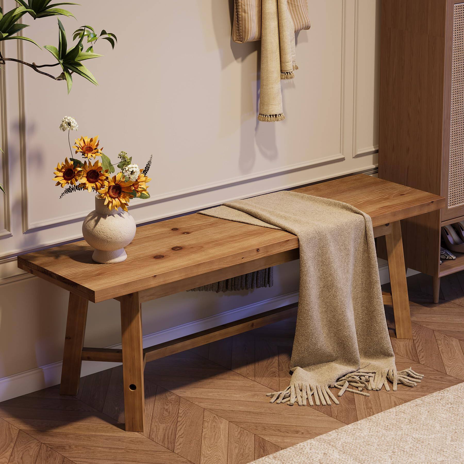Alt View 2. Tribesigns - 55" Solid Wood Bench, Farmhouse Bench Seat for Entryway - Rustic Brown.