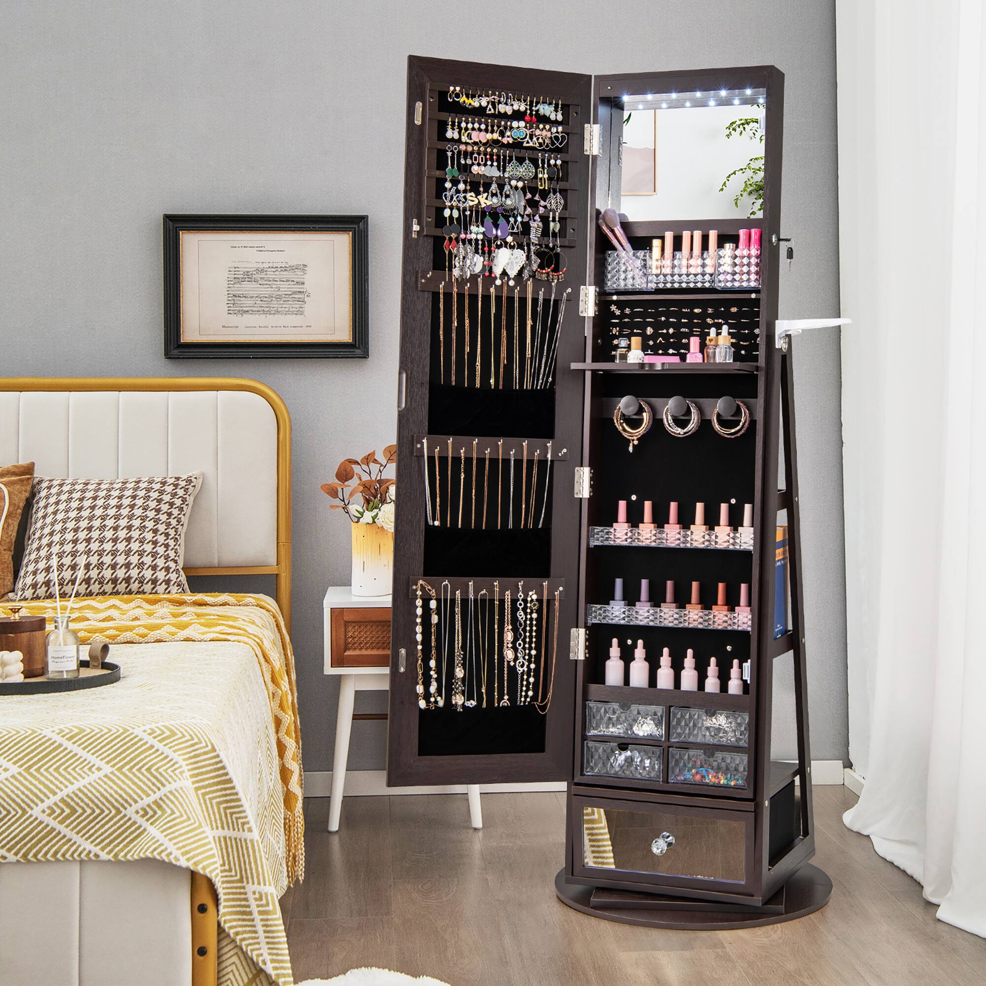 Alt View 3. Gymax - Gymax 360° Swivel Jewelry Cabinet w/ Mirror Jewelry Storage Organizer Built-in Lights Dark Brown - Dark Brown.