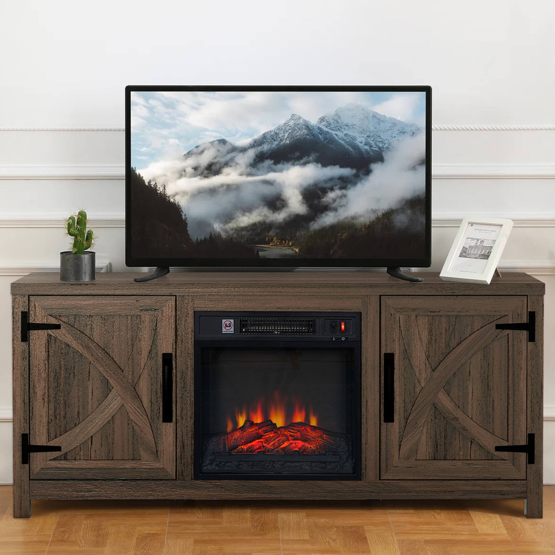 Angle. Ihomeadore - 58" Farmhouse TV Stand for TV up to 65" with Electric Fireplace - Brown.