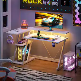 Furnulem - Gaming Desk with LED Lights Power Outlet Monitor Stand Reversible Carbon Fiber Surface Computer Gaming Table - White