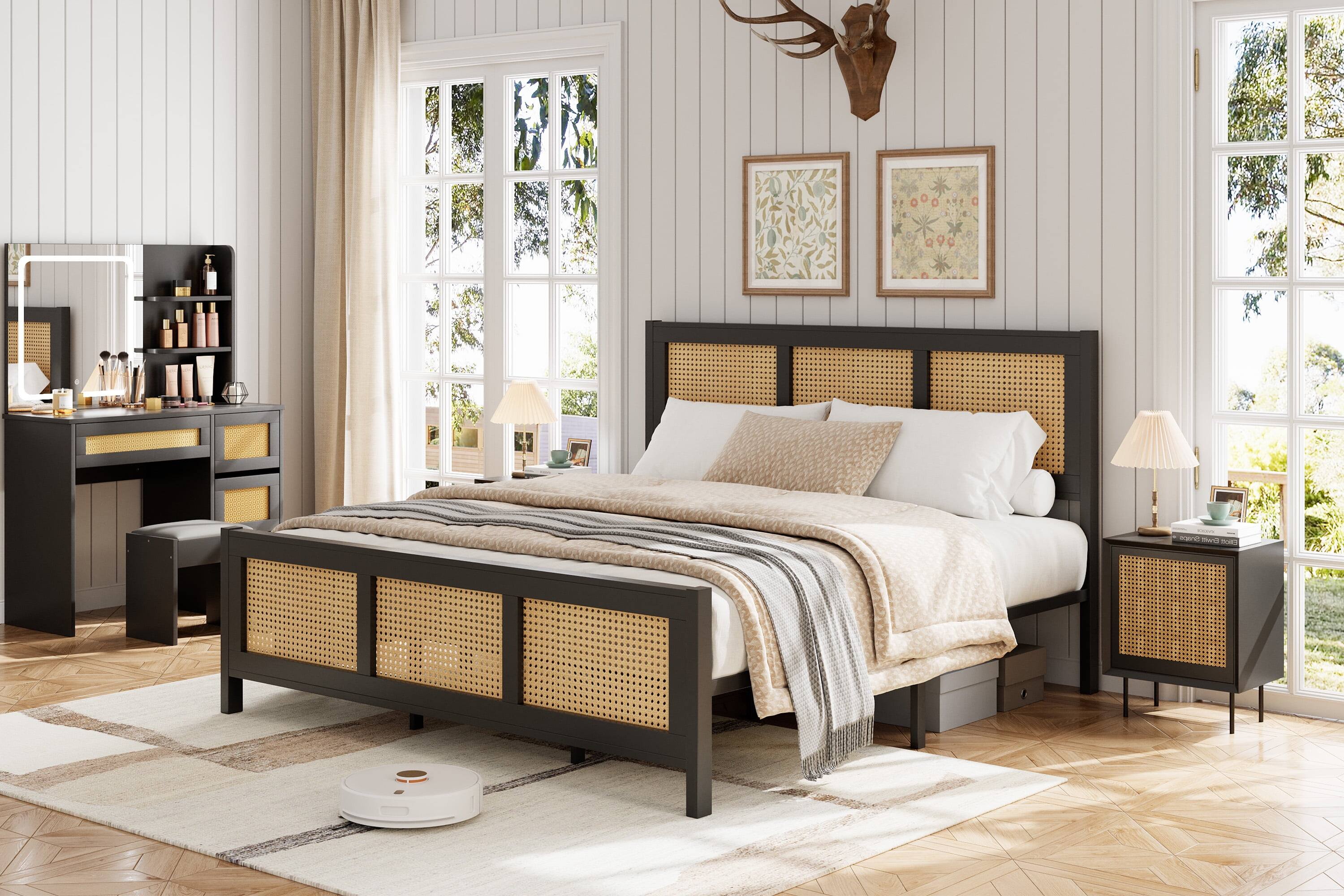 GARVEE- Full Size Rattan Bed Frame Boho Cane Platform Metal Slats Headboard No Box Spring Easy Assembly- Black Full