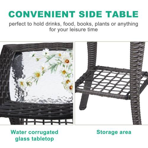 CONVENIENT SIDE TABLE  
perfect to hold drinks, food, books, plants or anything for your leisure time  

Water corrugated glass tabletop  
Storage area