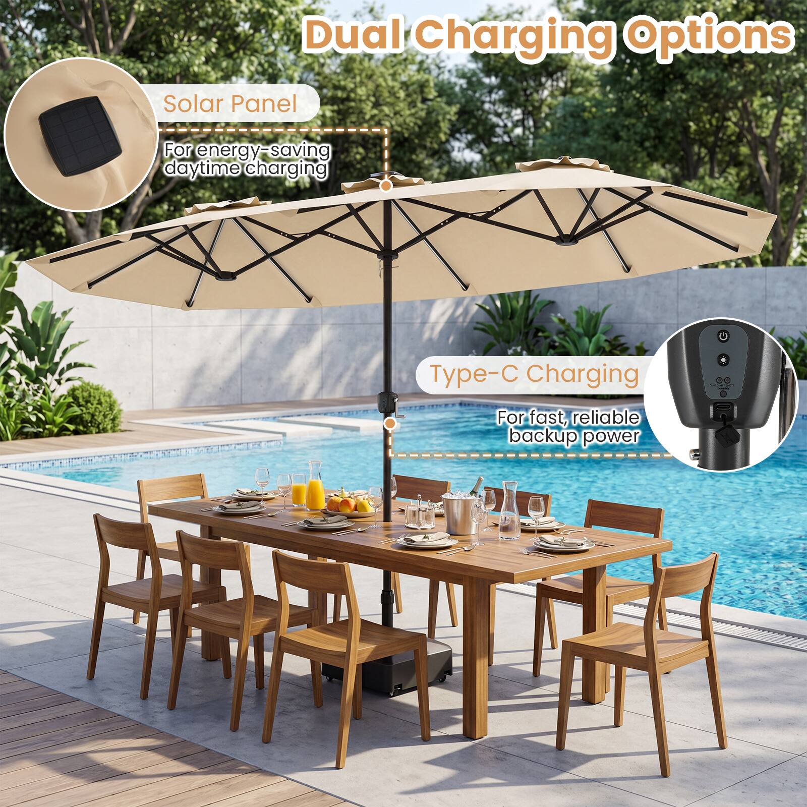 Dual Charging Options

Solar Panel
For energy-saving daytime charging

Type-C Charging
For fast, reliable backup power
