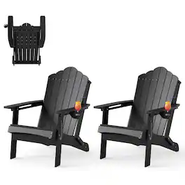 Gymax - 2PCS Patio Folding Adirondack Chair Weather Resistant Cup Holder Yard - Black