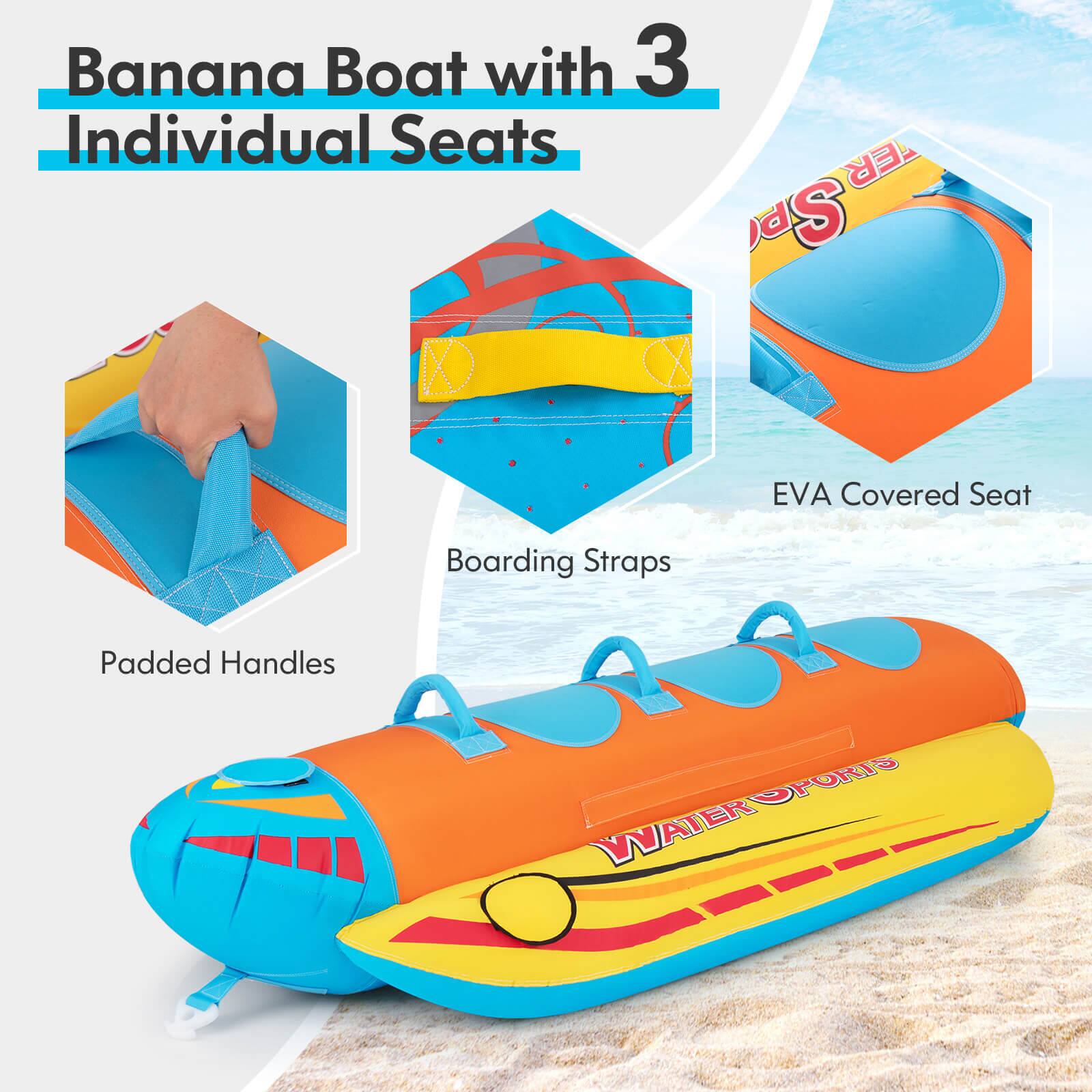 Banana Boat with 3 Individual Seats, EVA Covered Seat, Boarding Straps, Padded Handles, WATER SPORTS