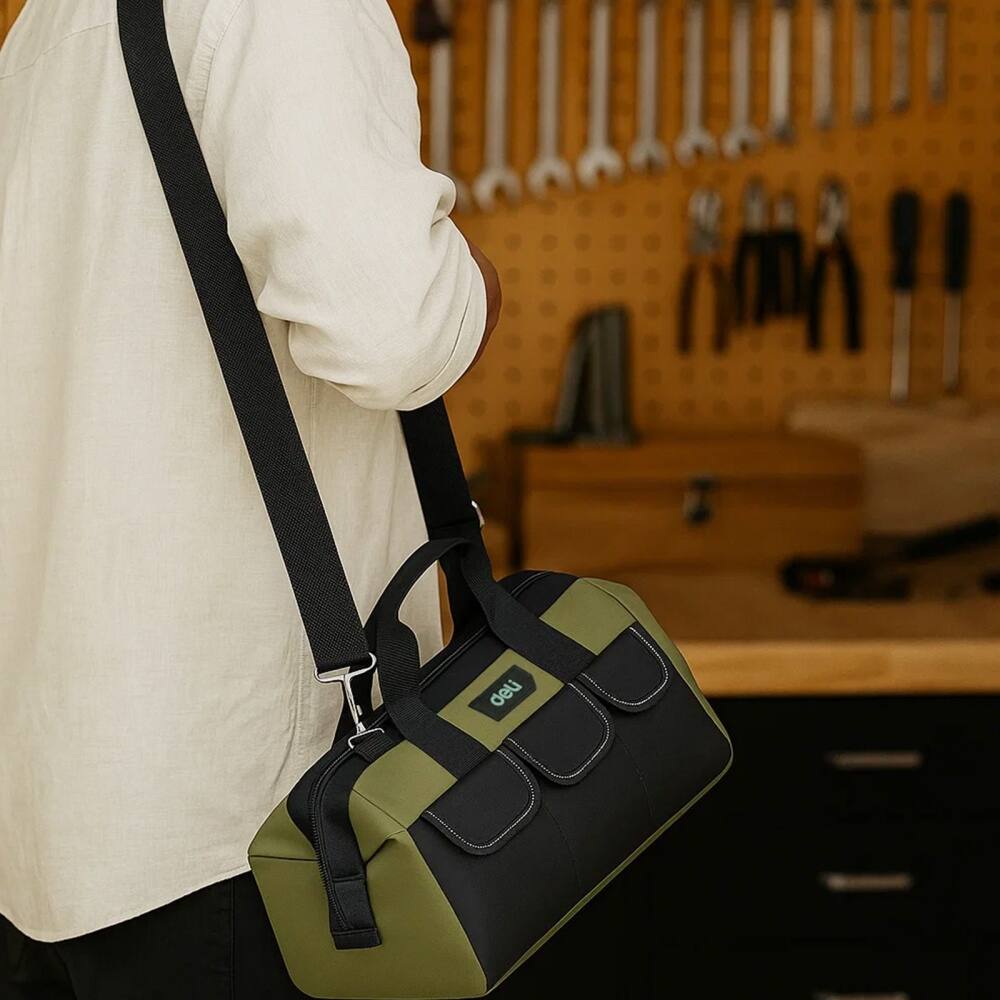 Alt View 2. Deli - 13 Inch Heavy Duty Contractor Tool Bag 15 Pockets with Adjustable Strap - Green.
