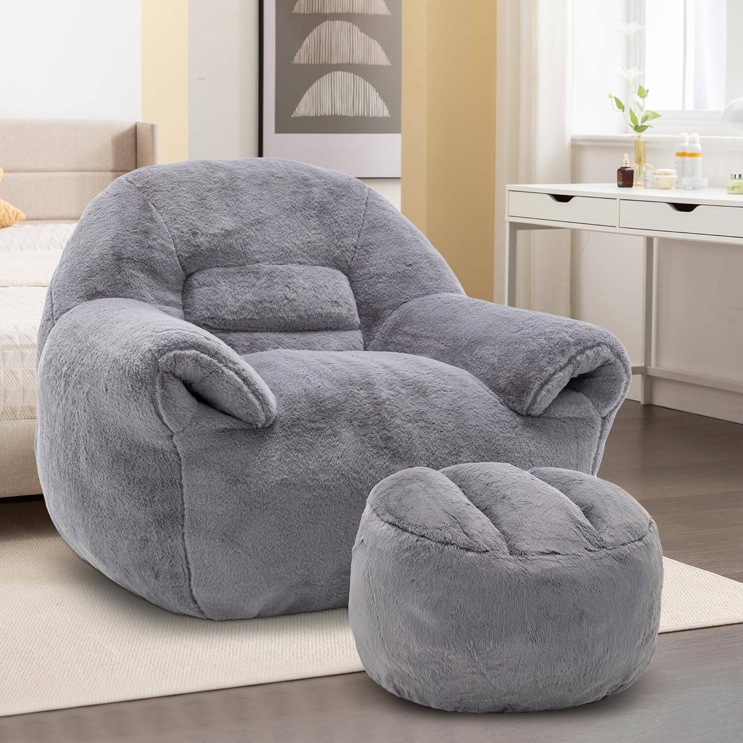 Alt View 2. Trinkets Crazed - Bean Bag Chair with Back Support & Foot Stool, Faux Fur Comfy Bean Bag Sofa for Adults - dark gray.