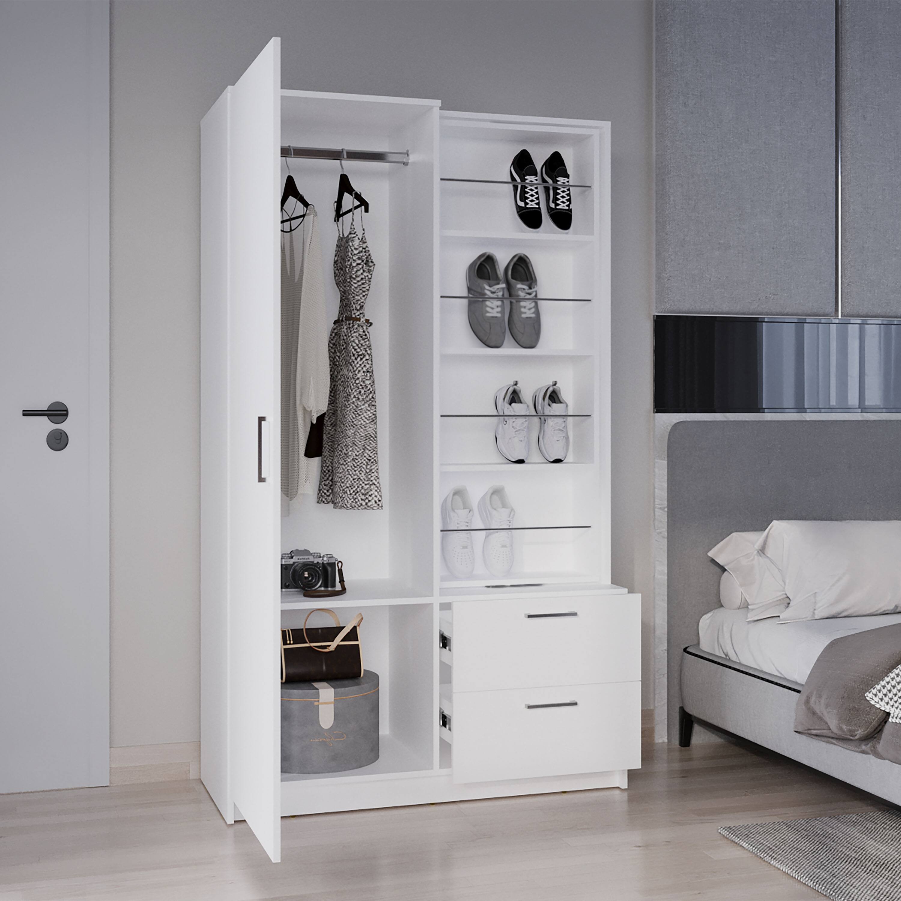 Back. TuHome - Seville 71" High Mirror Armoire, One Door Cabinet, Two Drawers , Hanging Rod, Rotating Mirror And Shoe Rack, Two Shelves - White.