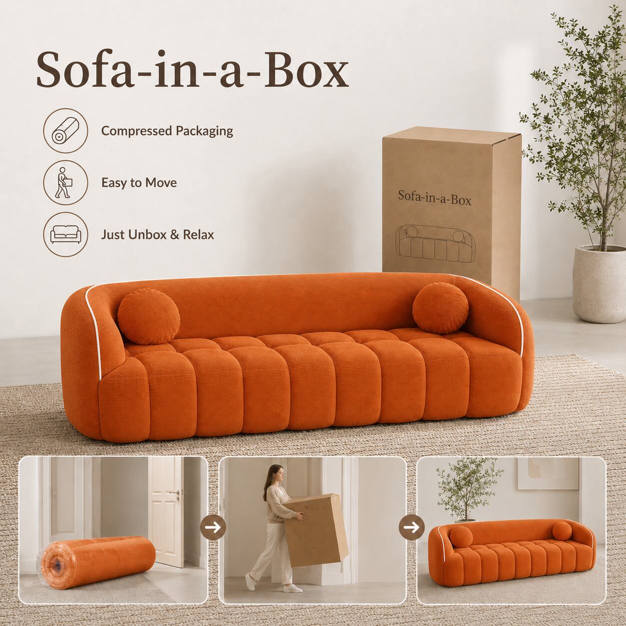 Sofa-in-a-Box  
Compressed Packaging  
Easy to Move  
Just Unbox & Relax