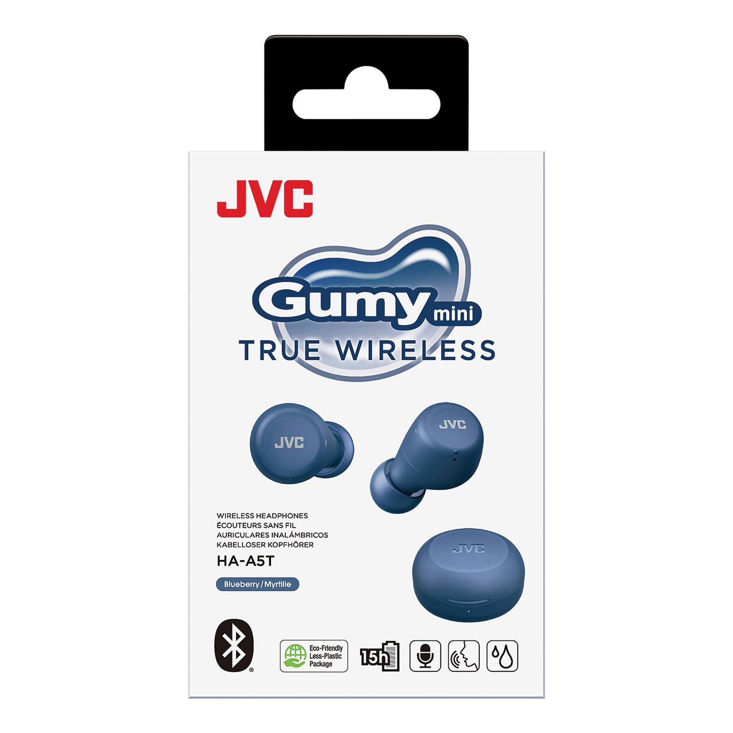 JVC  
Gumy mini  
TRUE WIRELESS  

WIRELESS HEADPHONES  
ECOUTEURS SANS FIL  
AURICULARES INALÁMBRICOS  
KABELLOSER KOPFHÖRER  
HA-A5T  

Blueberry/Myrtille  

15h  

Eco-Friendly Less-Plastic Package
