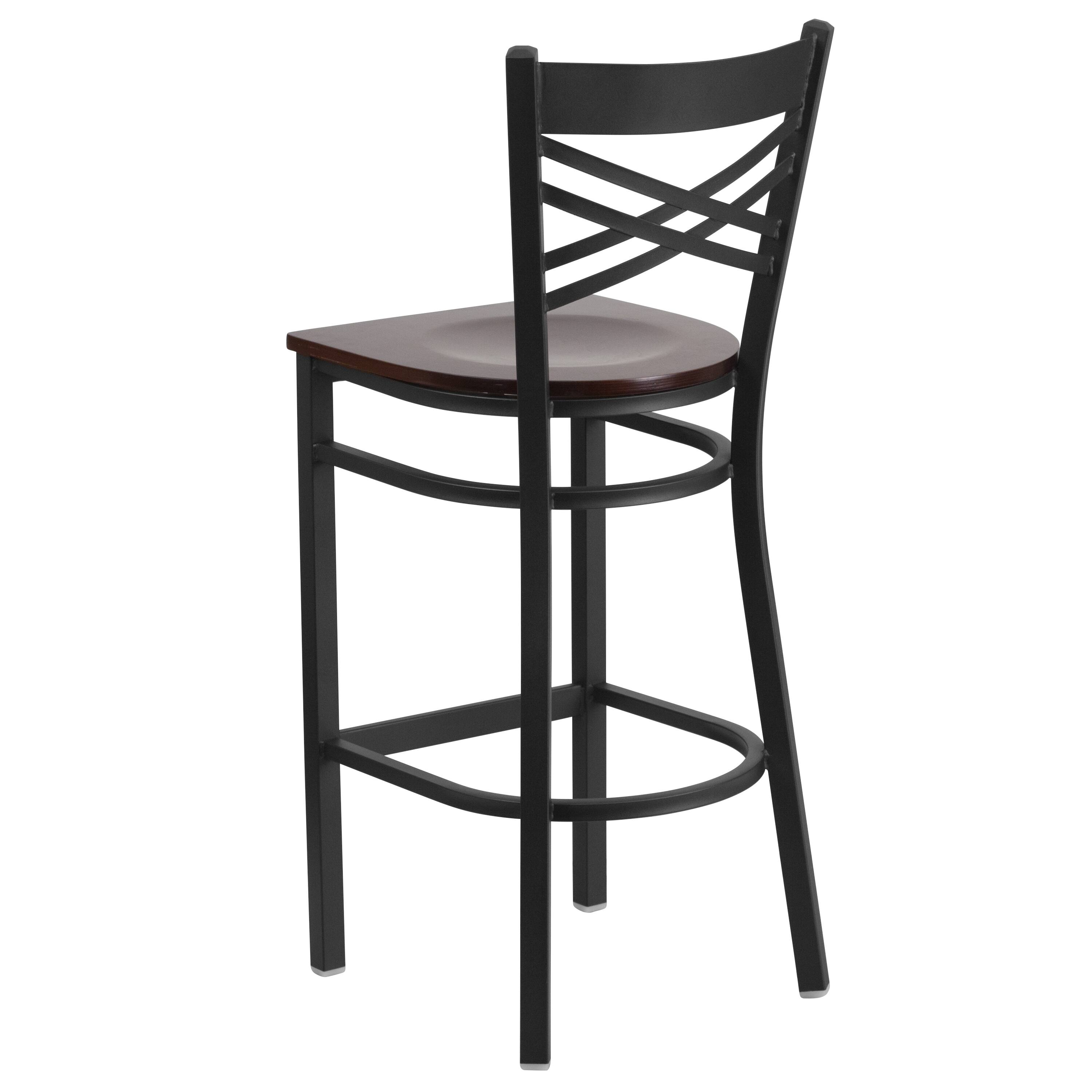 Alt View 3. Emma + Oliver - "X" Back Metal Restaurant Dining Barstool - Walnut Wood Seat/Black Metal Frame.
