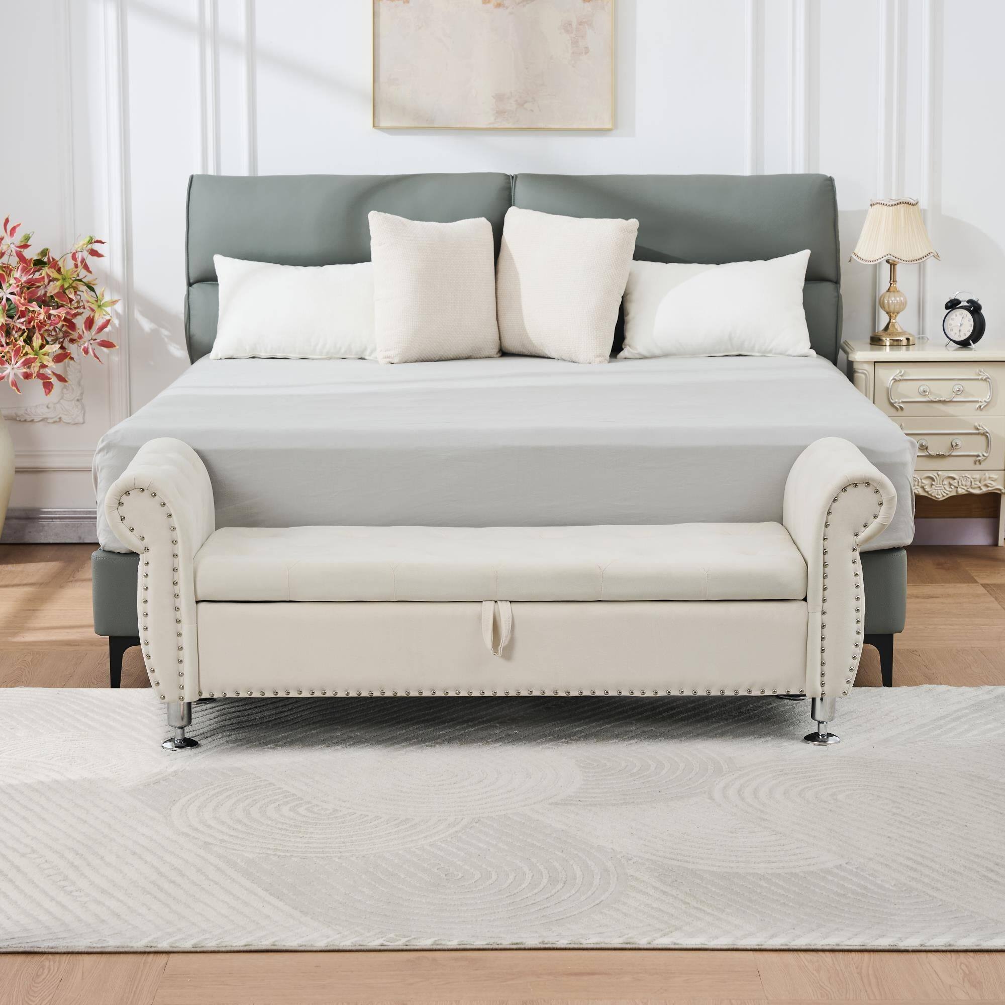 Alt View 2. Boyel Living - 62.2In Beige Velvet Storage Bench w Crystal Buttons&Pillow for Bedroom Living Room - Beige.