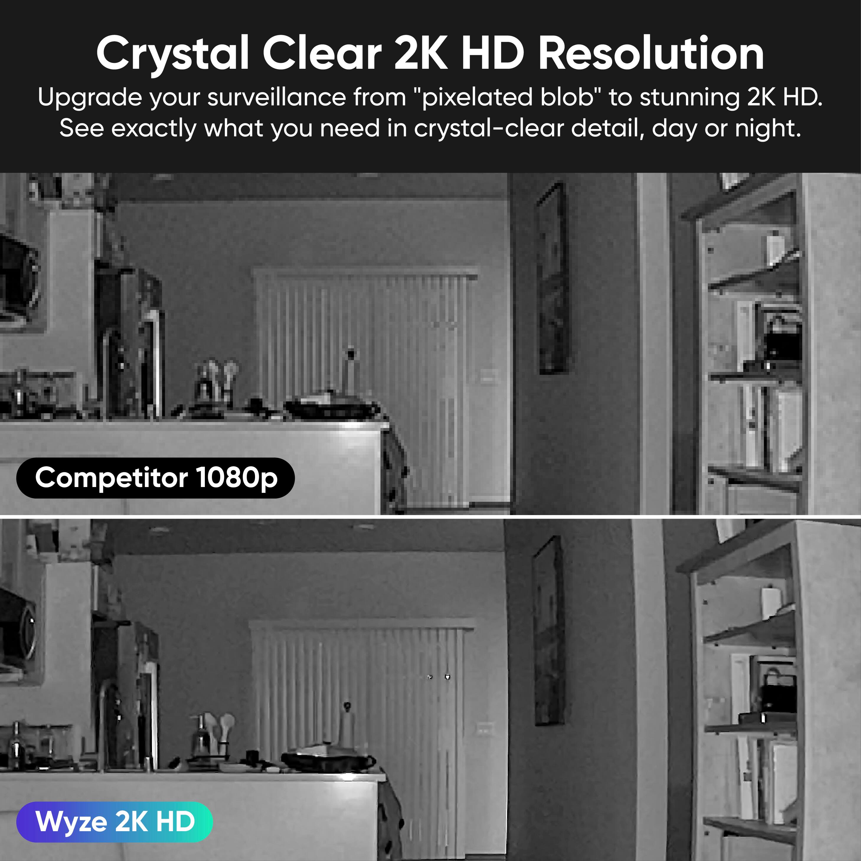 Crystal Clear 2K HD Resolution  
Upgrade your surveillance from "pixelated blob" to stunning 2K HD.  
See exactly what you need in crystal-clear detail, day or night.  

Competitor 1080p  
Wyze 2K HD