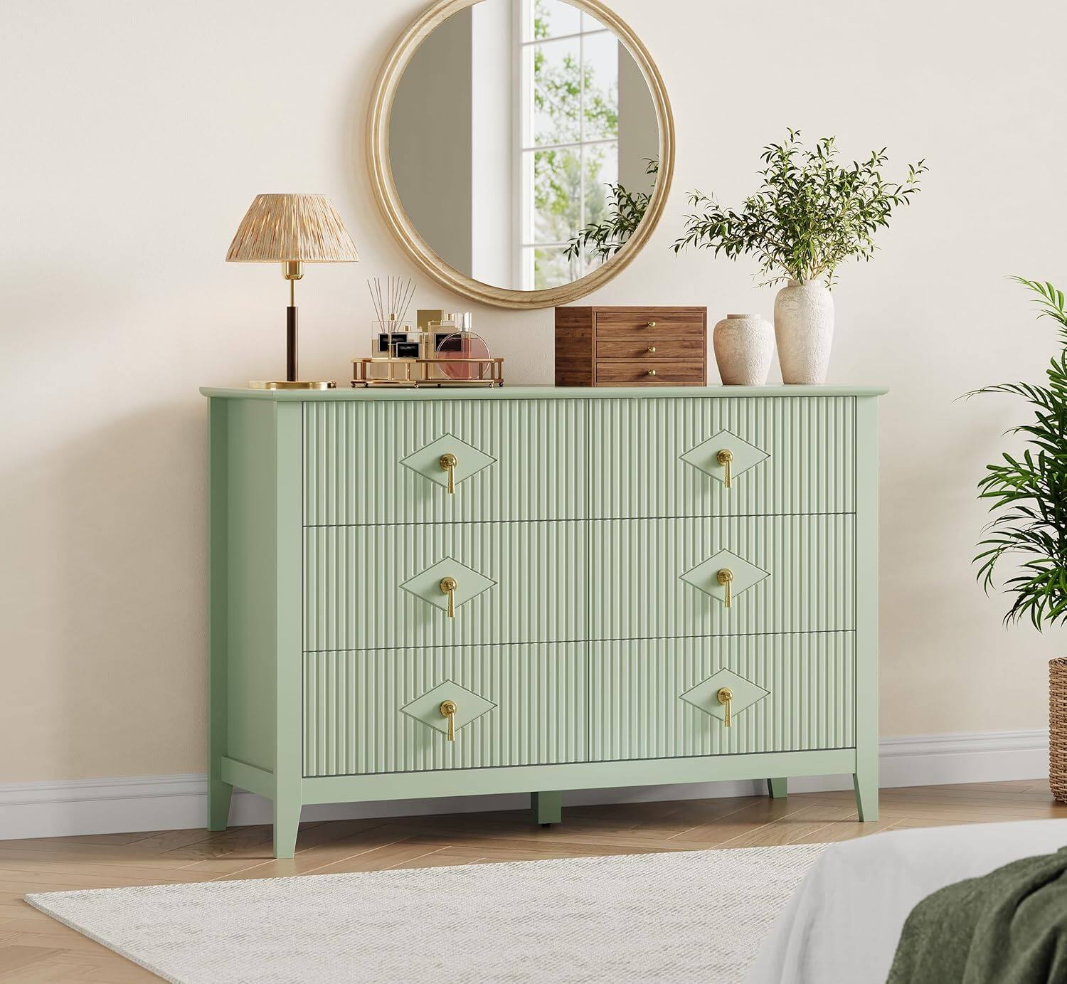 Front. Homhougo - Green Dresser 48"W, 6-Drawer Modern Wood Chest with Metal Handles, Bedroom Storage Cabinet TV Stand for Living Room - Green.