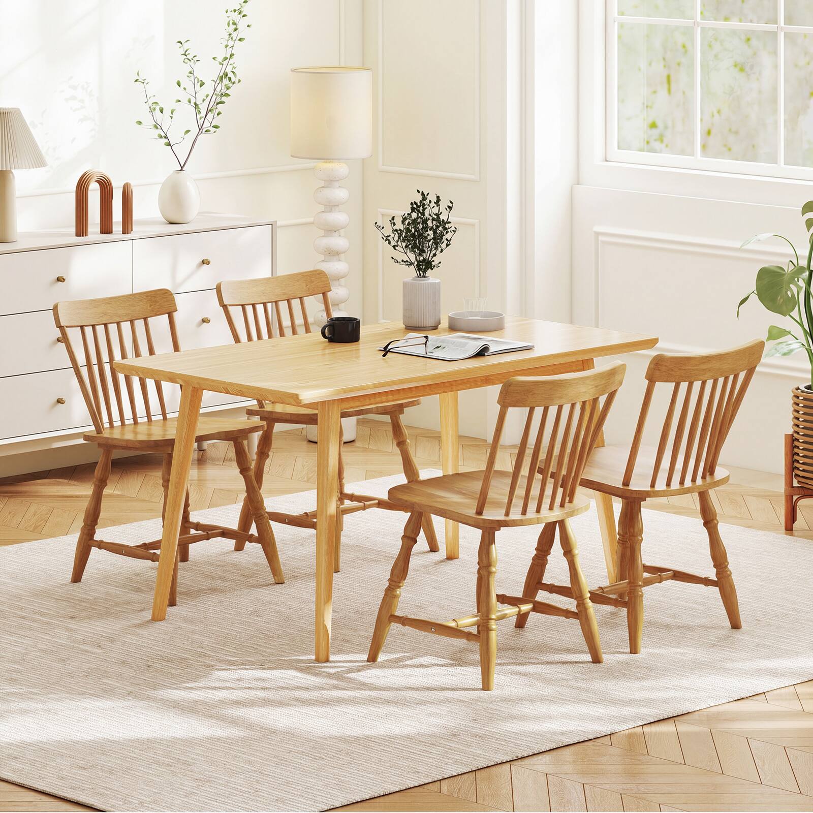 Alt View 1. Costway - Costway Windsor Dining Chairs Set of 4 with Turned Legs Curved Spindle Back for Living Room - Natural.