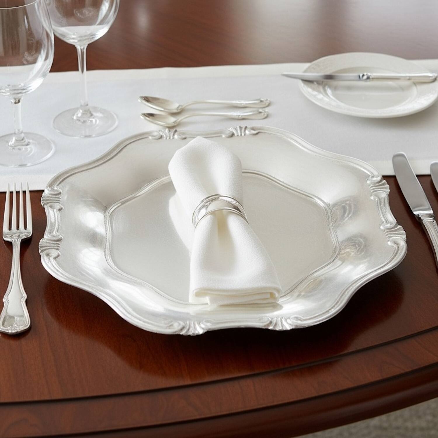 Left. American Atelier - Silver Baroque 13"D Chargers Plate Set of 12 - Silver.