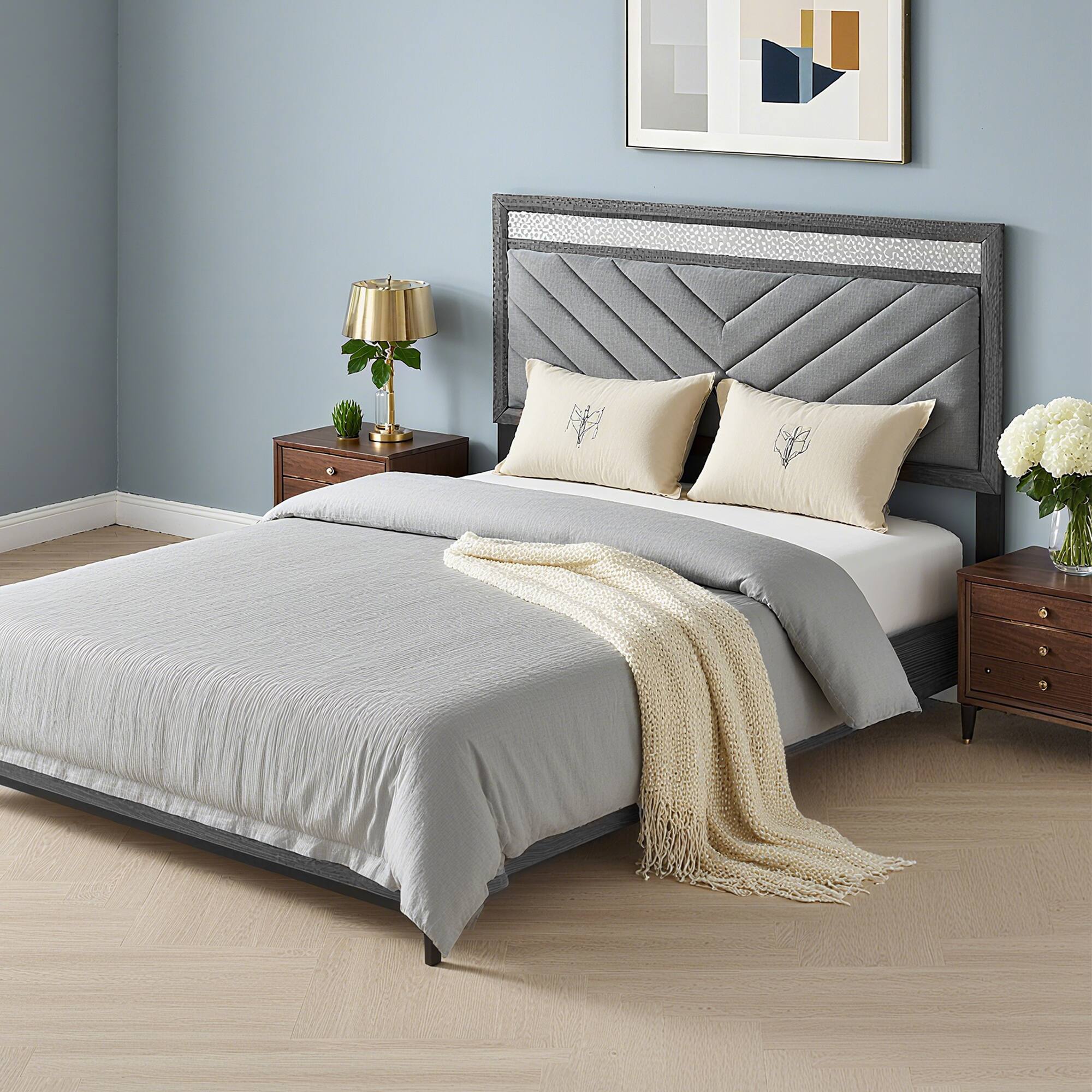 Left. Vaczon - Full/Double Upholstered Bed Frame with Storage Drawers and Crystal-Like Handles Space-Saving Modern Bedroom Bed - Gray.