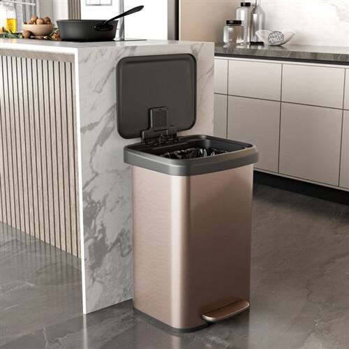 Back. SlickBlue - Stainless Steel Step Trash Can – Soft Close Lid, Sleek Design for Kitchen - Golden.