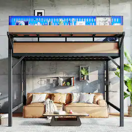 Boyel Living - Queen Size Loft Bed Frame with Storage Shelves and Pegboard Metal Loft Bed - Black