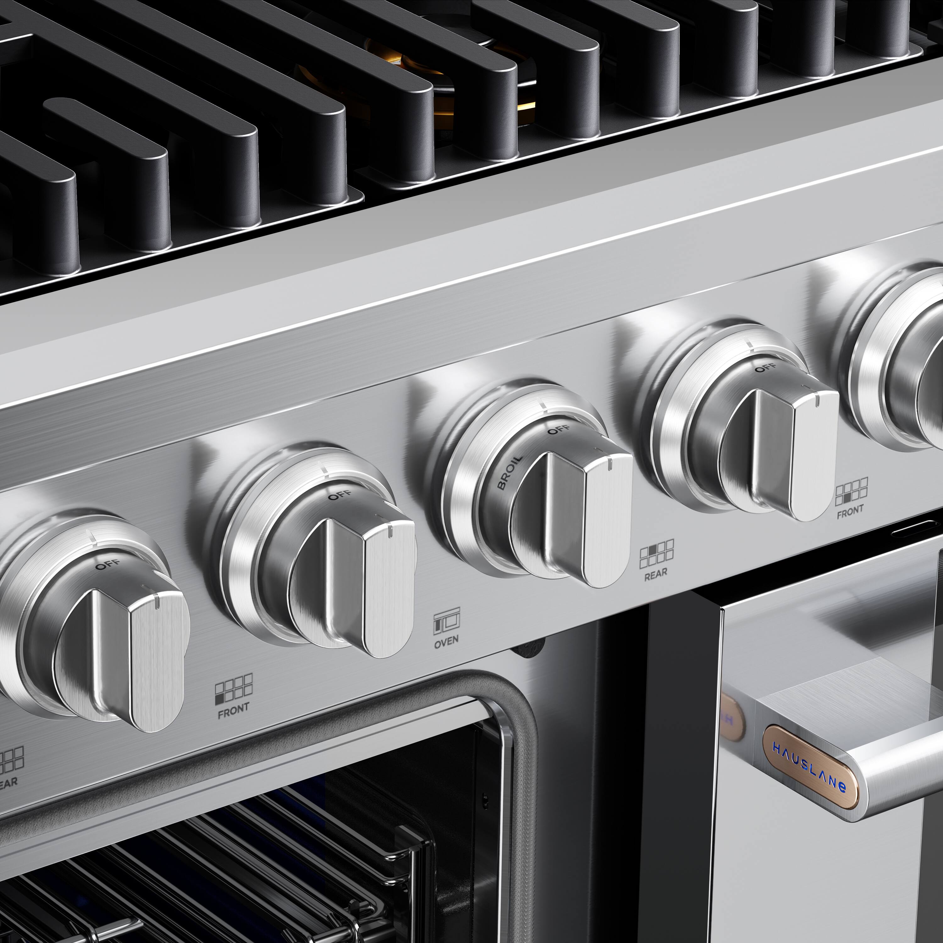 Sure, here is the corrected and grouped text from the image:

- **Front Burner**
- **Rear Burner**
- **Oven**
- **Front**
- **Rear**
- **Hauslane**