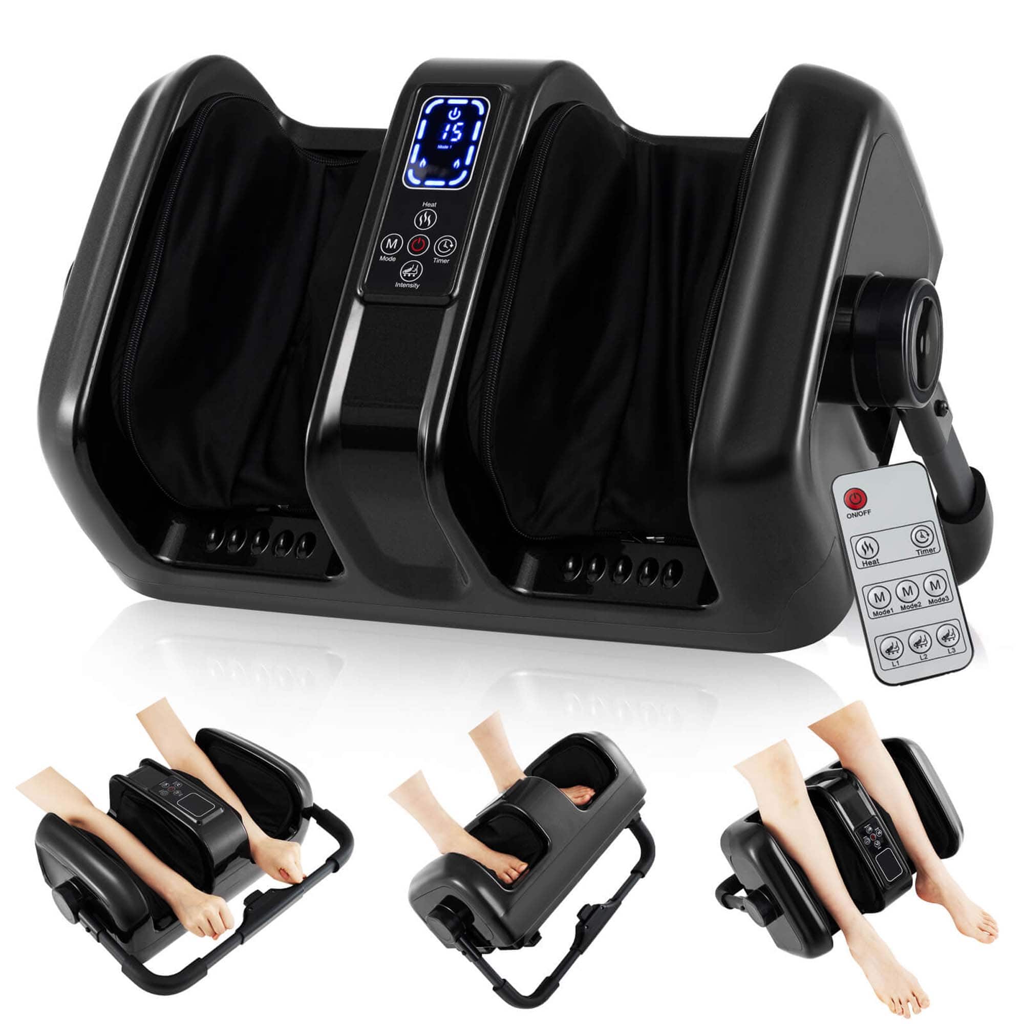 The image features a black foot massager with a control panel and a timer. The massager is designed to provide a relaxing experience for the user. The control panel allows the user to adjust the settings, and the timer ensures that the massage is not too long or too short. The foot massager is placed on a white background, making it stand out in the image.