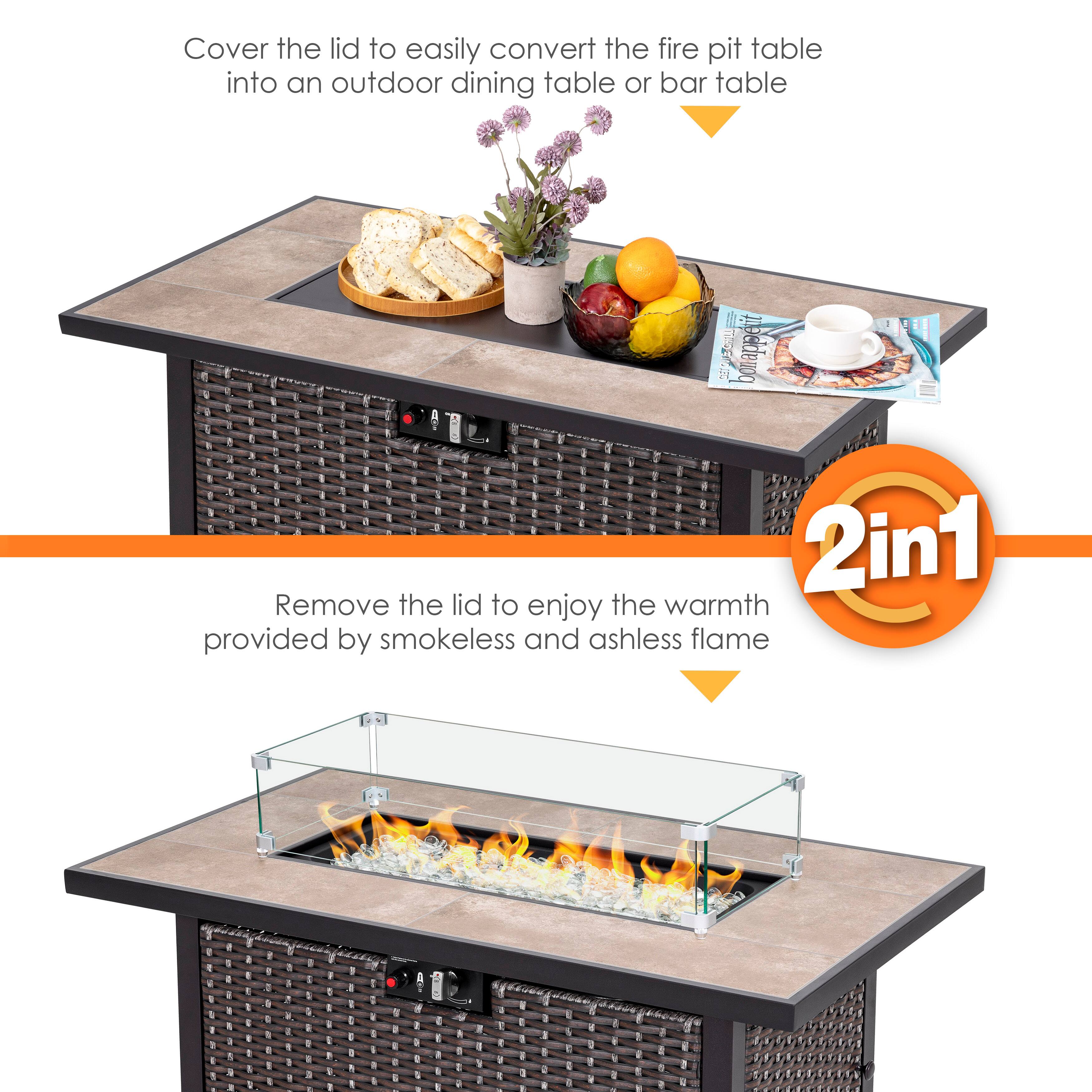 Cover the lid to easily convert the fire pit table into an outdoor dining table or bar table.

Remove the lid to enjoy the warmth provided by smokeless and ashless flame.

2in1