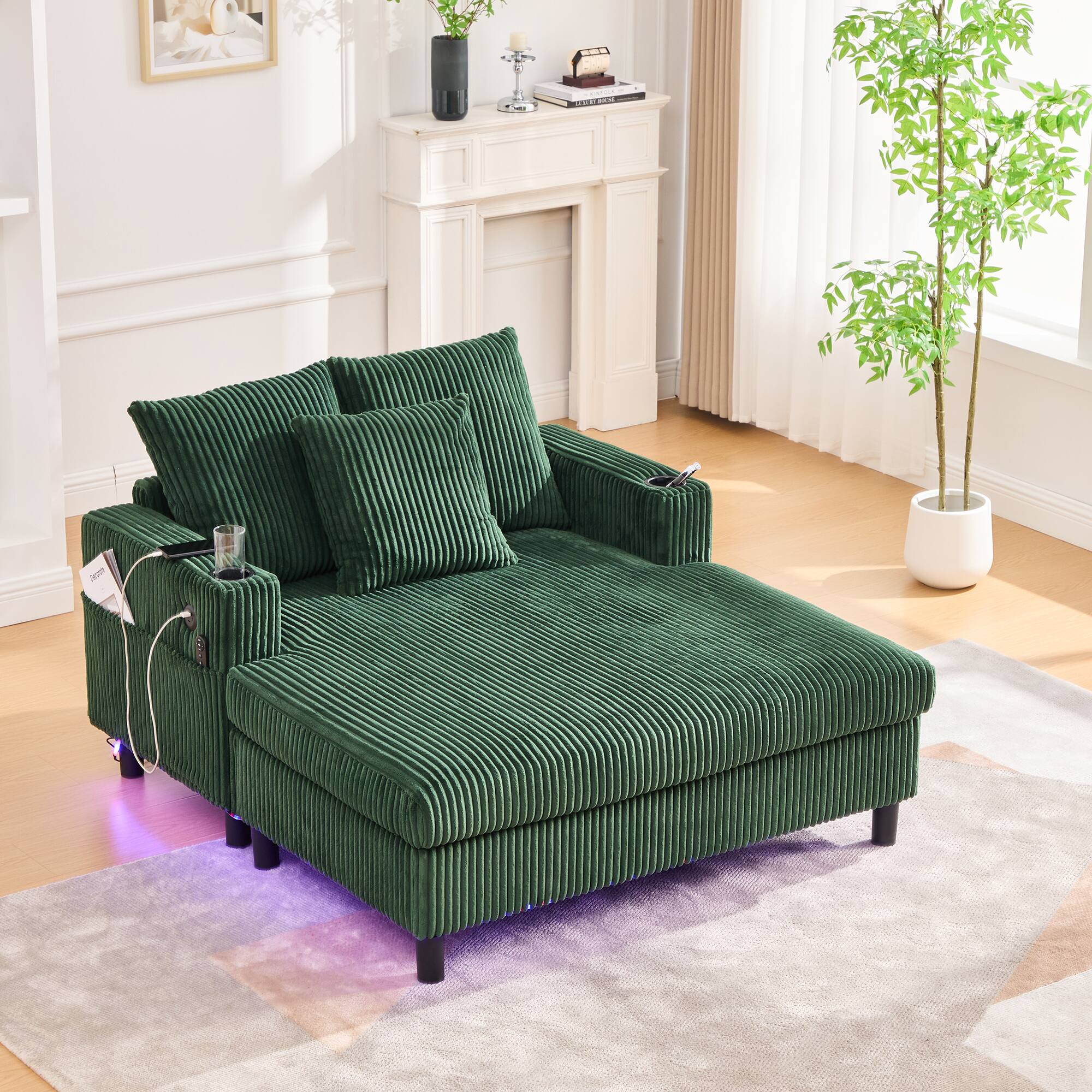 Alt View 2. Trinkets Crazed - Modern Corduroy Oversized Recliner Sofa with Deep Seat, USB Charging,RGB LED Light Strip - Emerald.