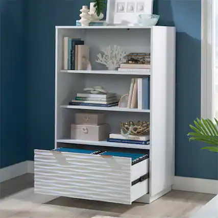 Front. HTUTWOO - Coastal Bookcase With Lower Drawer - Adjustable Library Shelf with File Drawer,48.35" Tall Horizontal Storage Cabinet - White.