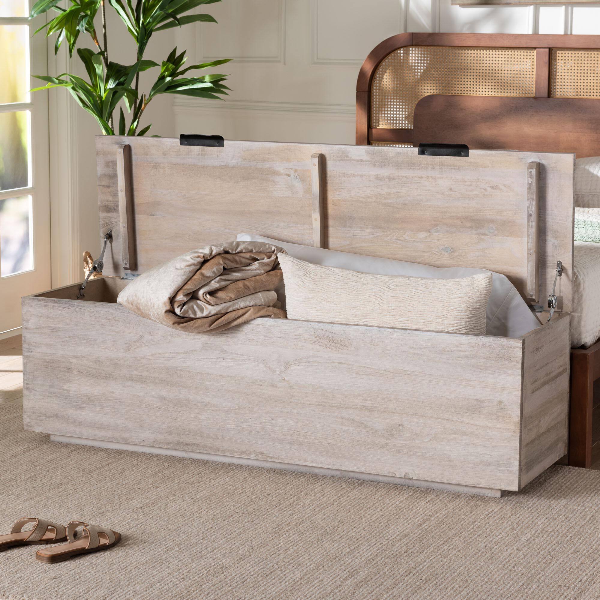 Alt View 6. bali & pari - Alvaro Wood Storage Trunk with Hinged Lid - Rectangular Blanket Chest and Bedroom Bench with Spacious Interior - White Wash/Black.