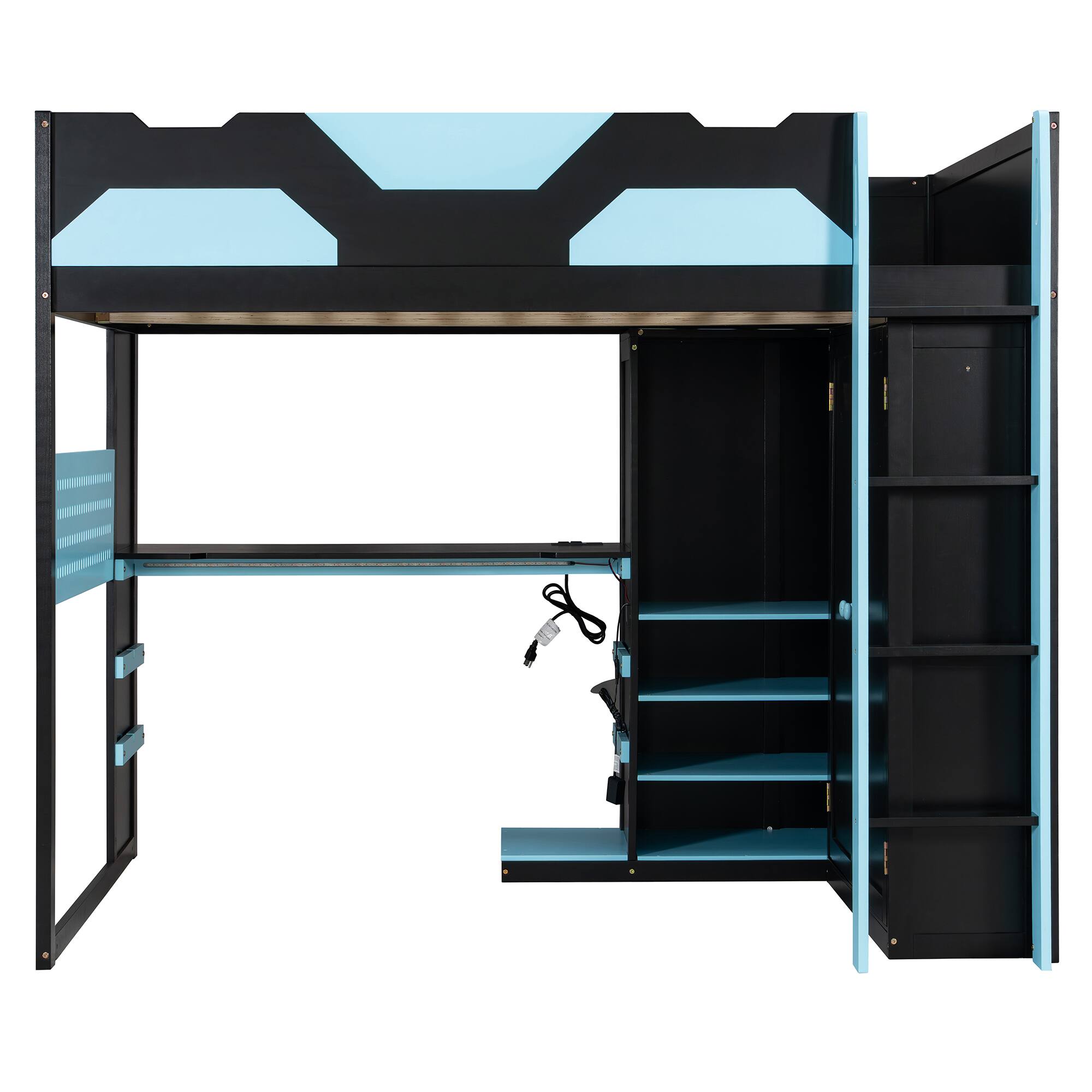 Back. Anysun - Full Size Wood Loft Bed with Desk, Multi-storage Shelves,USB and RGB Light - Blue.