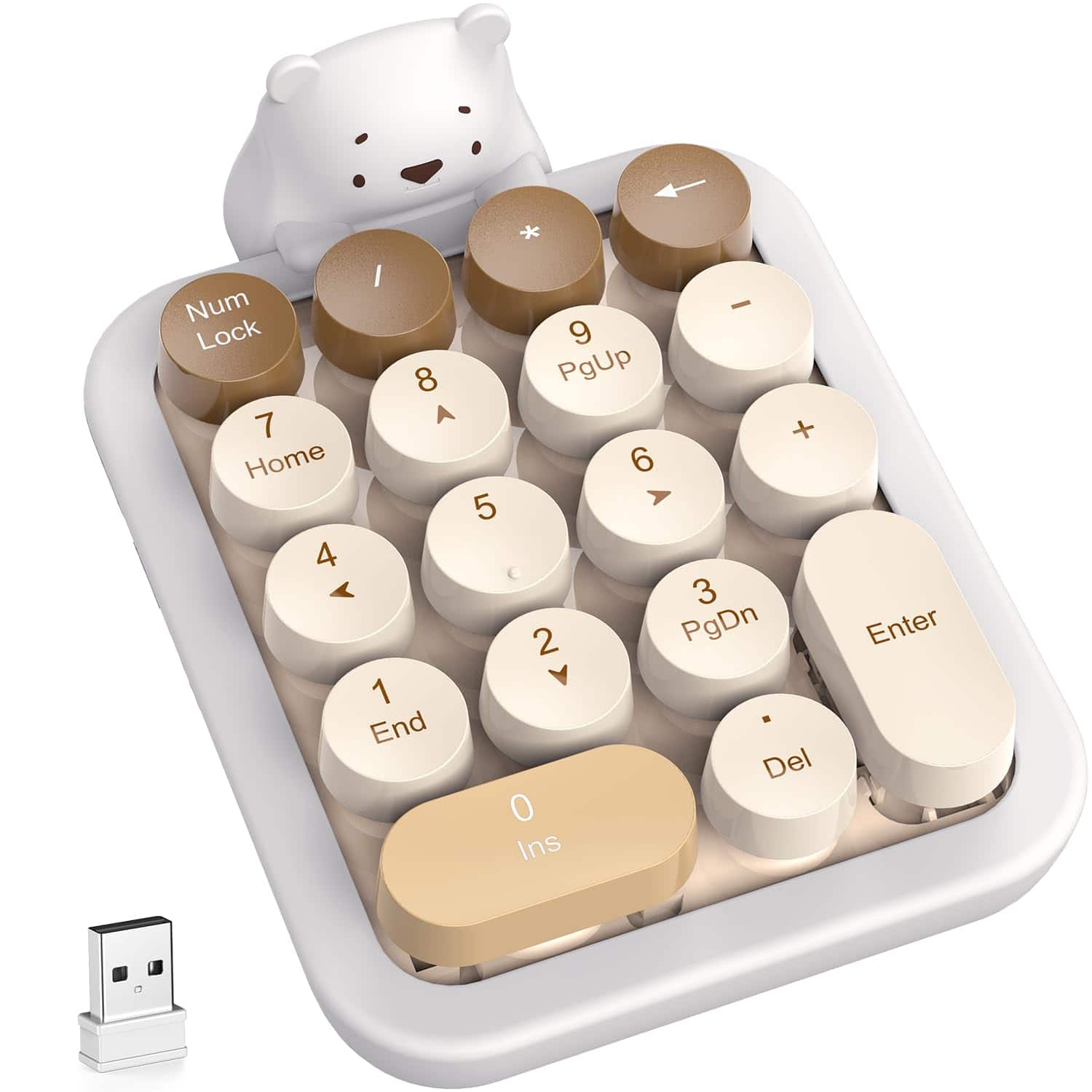 PRIMEPLUS - Cute Colorful Wireless Number Pad Keyboard - 18 Keys, Portable 2.4GHz 10-Key Financial Accounting Extension - Milktea Bear