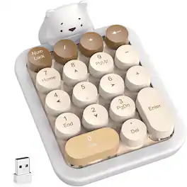 PRIMEPLUS - Cute Colorful Wireless Number Pad Keyboard - 18 Keys, Portable 2.4GHz 10-Key Financial Accounting Extension - Milktea Bear