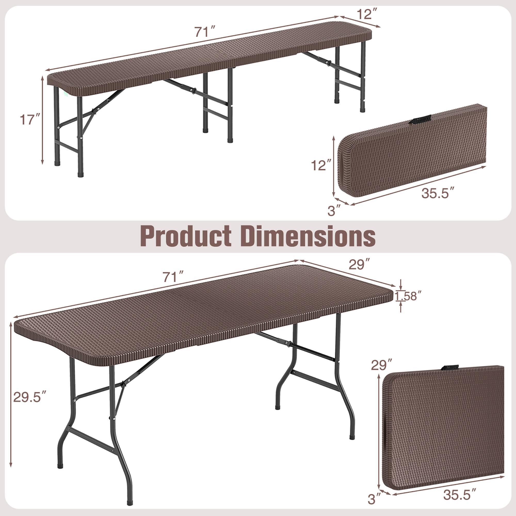 Product Dimensions

- Length: 71"
- Width: 12"
- Height: 17"
- Folded Width: 35.5"
- Folded Height: 3"
- Folded Length: 35.5"
- Table Height: 29.5"
- Table Width: 29"
- Table Height (folded): 1.58"