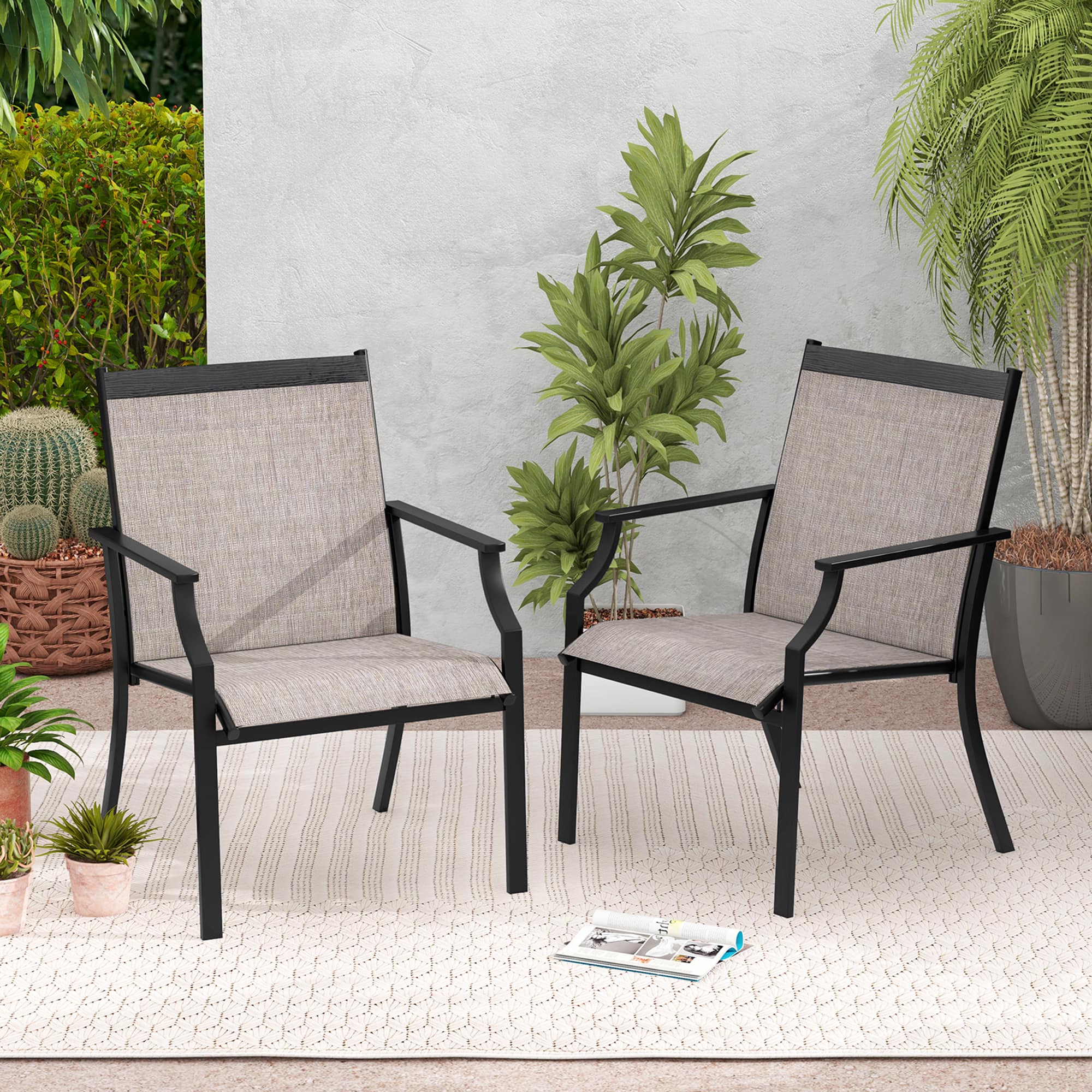 Gymax - Set of 2 Patio Dining Chairs Outdoor Armchairs w/ Sturdy Metal Frame - Coffee