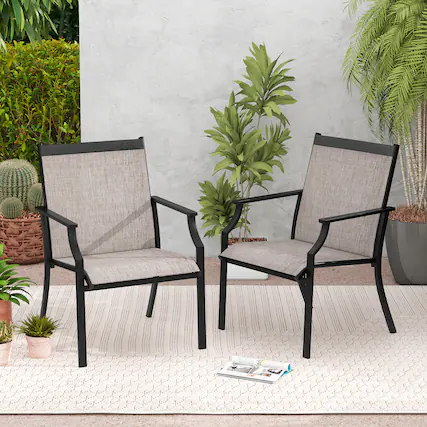 Front. Gymax - Gymax Set of 2 Patio Dining Chairs Outdoor Armchairs w/ Sturdy Metal Frame Coffee - Coffee.