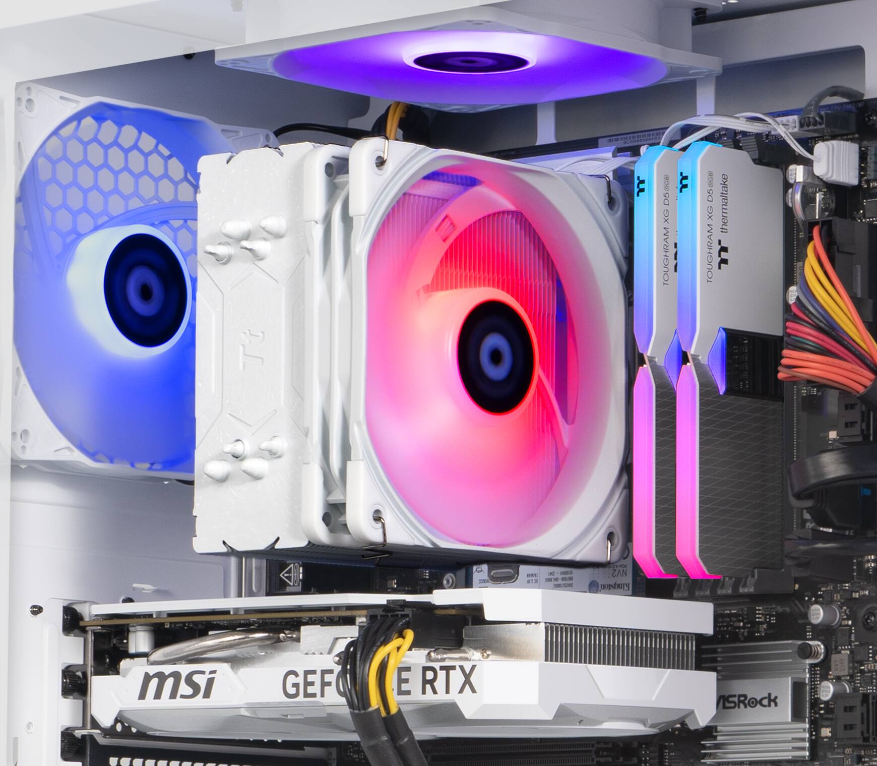 The text on the image reads: "L DS XG TOUGHRAM Tr 1L BUR D5 XC thermaitake TOUGHRAM .UL - 1. - - + -- NV2 i msi GEF E RTX SRock d0 r." This text is a combination of various computer components and their manufacturers. The components include:

1. L DS XG TOUGHRAM: A hard drive or storage device.
2. Tr 1L BUR D5 XC: A cooling fan or radiator for the computer.
3. thermaitake TOUGHRAM: A cooling system for the computer.
4. .UL - 1.: A reference to a specific model or version of a component.
5. NV2: A reference to a graphics card or video card.
6. i msi GEF E RTX: A reference to a motherboard and graphics card from MSI and NVIDIA.
7. SRock d0 r: A reference to a power supply unit from SRock.

These components are all part of a computer system, and their presence in the image suggests that the computer is well-equipped and possibly designed for gaming or other high-performance tasks.