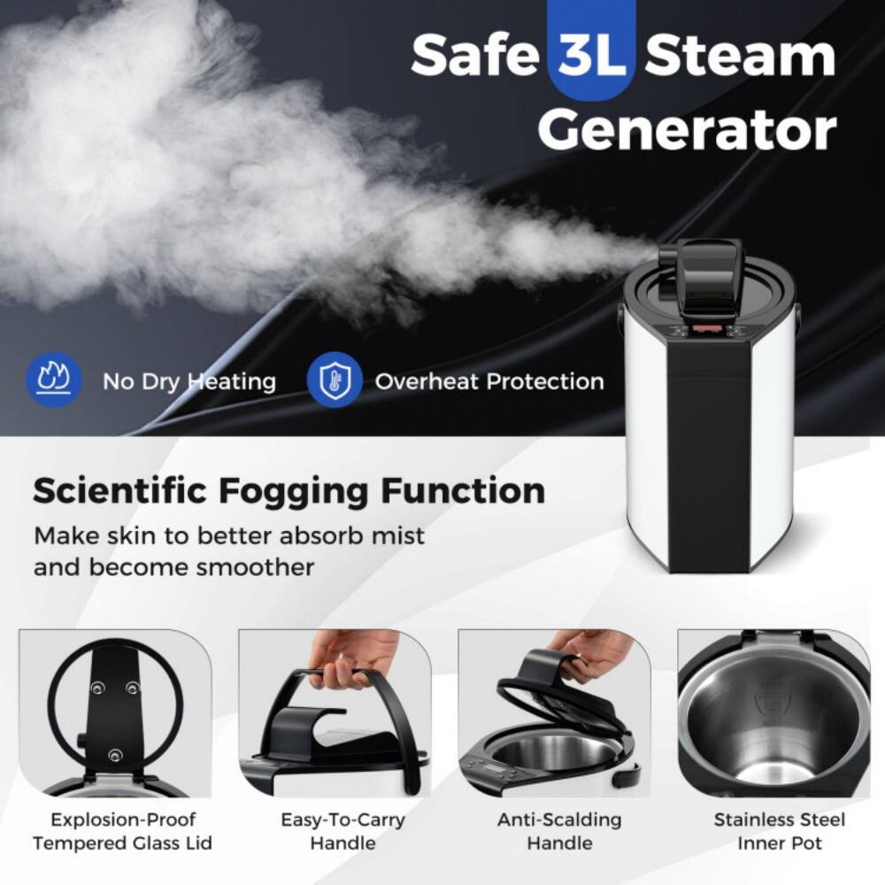 Safe 3L Steam Generator  
- No Dry Heating  
- Overheat Protection  

Scientific Fogging Function  
Make skin to better absorb mist and become smoother  

- Explosion-Proof Tempered Glass Lid  
- Easy-To-Carry Handle  
- Anti-Scalding Handle  
- Stainless Steel Inner Pot