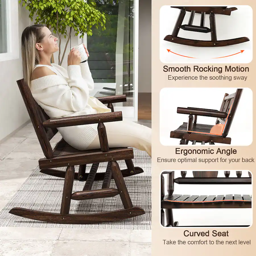 Long Bench Rocker Gymax Outdoor Carbonized Wood Rocking Bench Double Rocking Chair for 2 ...