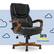 The image features a black office chair with wooden arms, positioned on a wooden base. The chair is placed in front of a blue background with white clouds. The text "Serta Always Comfortable" is displayed in the background, emphasizing the comfort and quality of the chair.