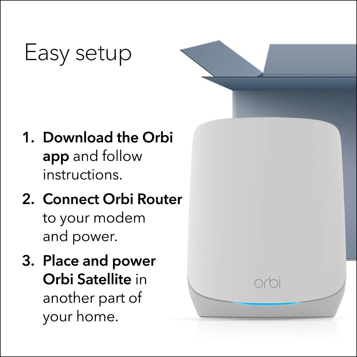 Easy Setup:
1. Download the Orbi app and follow instructions.
2. Connect Orbi Router to your modem and power.
3. Place and power Orbi Satellite in another part of your home.