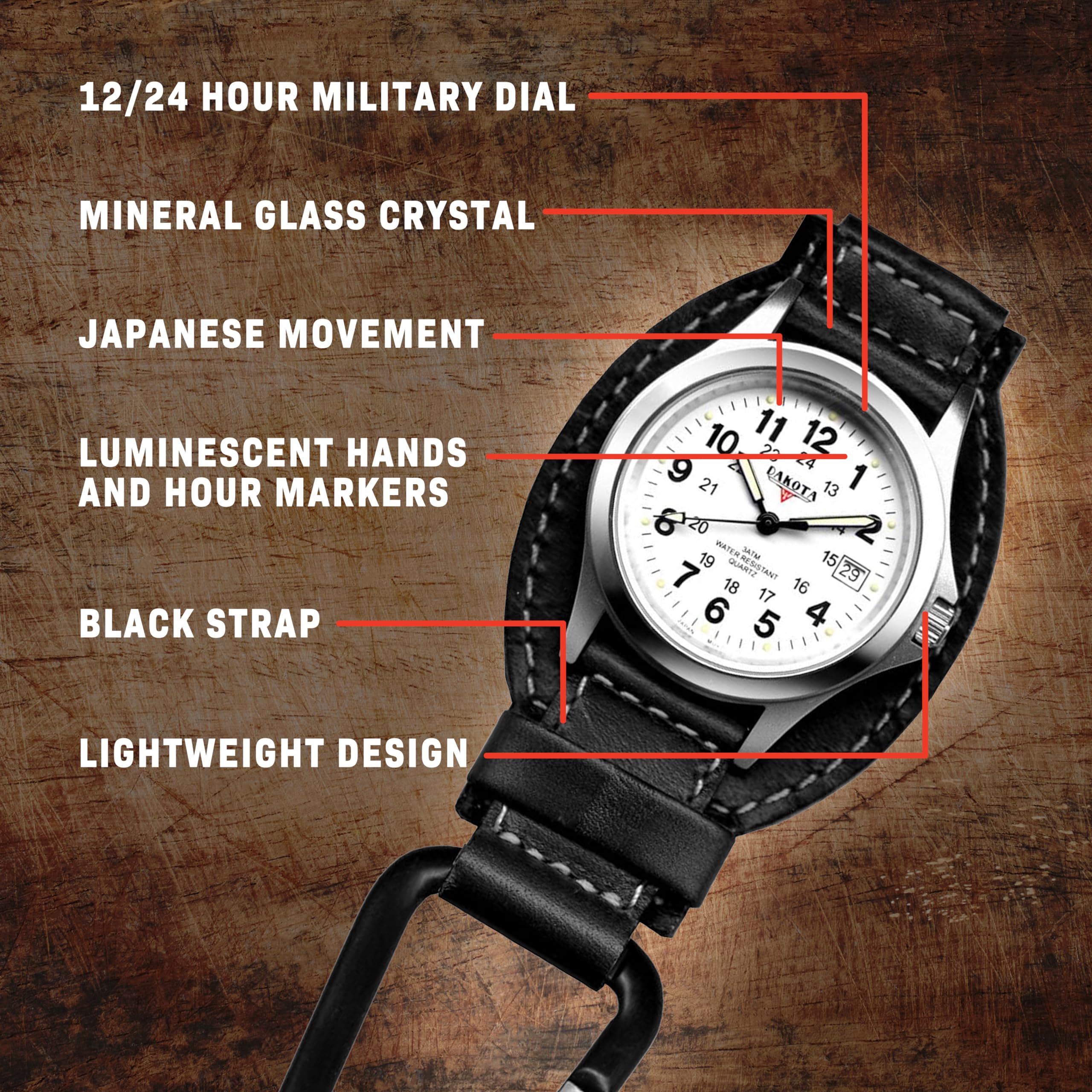 12/24 HOUR MILITARY DIAL  
MINERAL GLASS CRYSTAL  
JAPANESE MOVEMENT  
LUMINESCENT HANDS AND HOUR MARKERS  
BLACK STRAP  
LIGHTWEIGHT DESIGN
