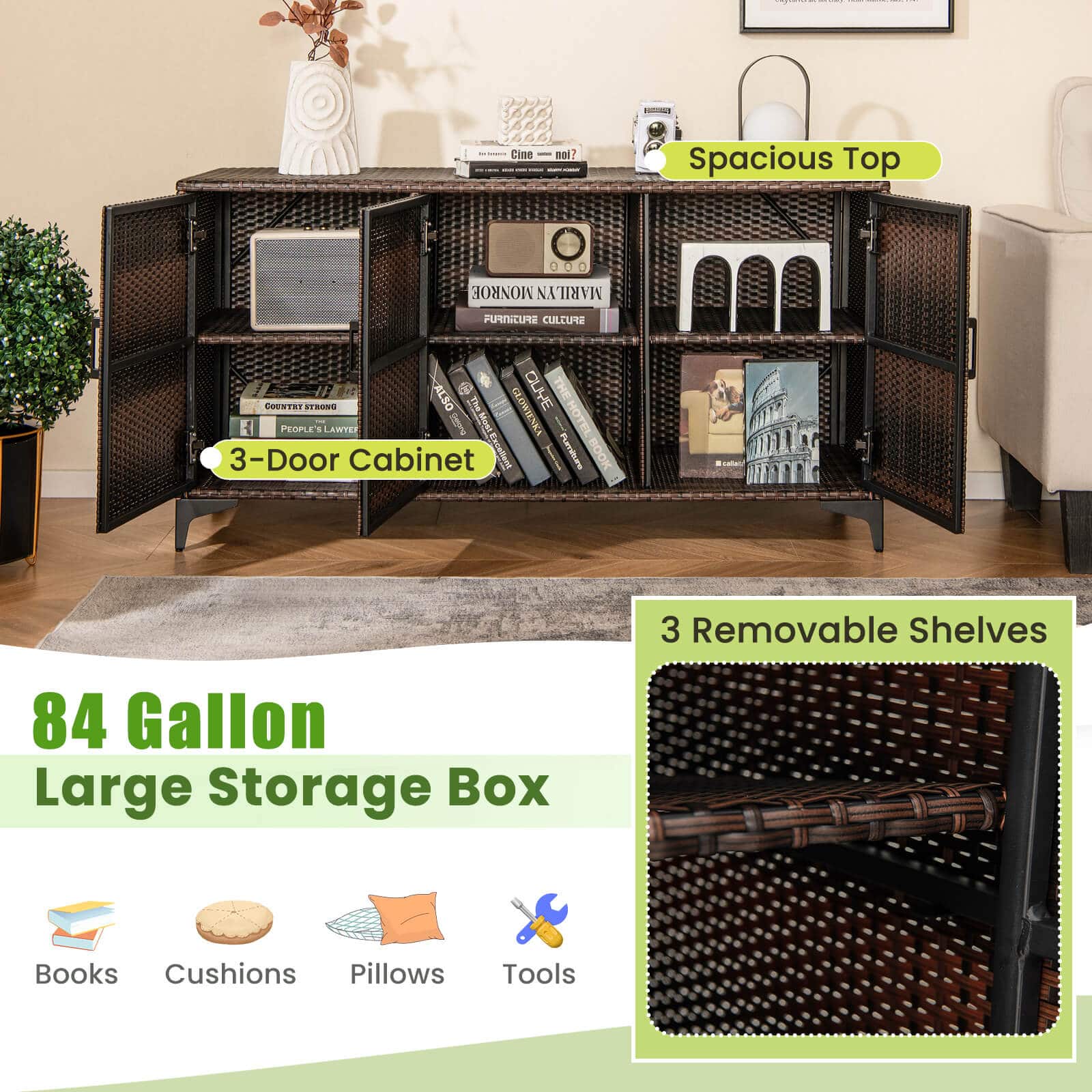 I - Spacious Top 3-Door Cabinet 3 Removable Shelves 84 Gallon Large Storage Box Books Cushions Pillows Tools