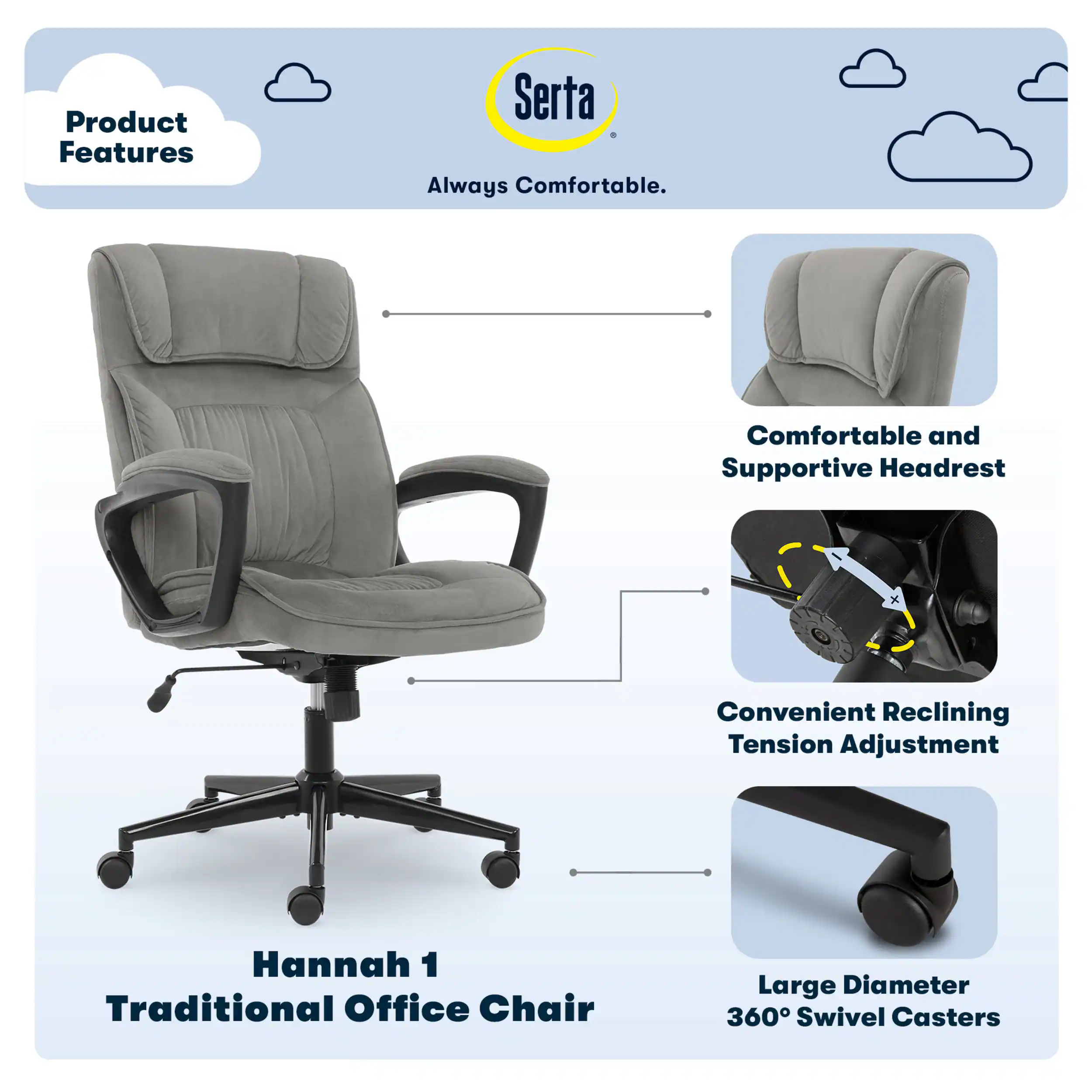 Angle. Serta - Ergonomic Executive Office Chair with Lumbar Support Headrest Pillow Padded Armrests Swivel Soft Microfiber Fabric - Soft Plush - Gray.