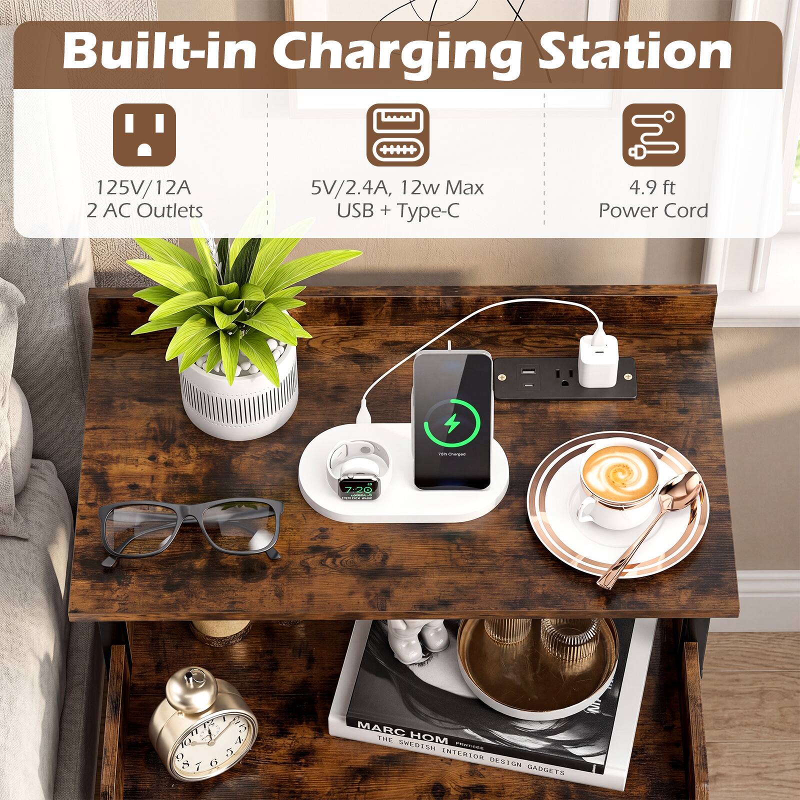 Built-in Charging Station  
125V/12A  
2 AC Outlets  
5V/2.4A, 12w Max USB + Type-C  
4.9 ft Power Cord  

MARC NOE  
SWEDISH INTERIOR DESIGN GADGETS