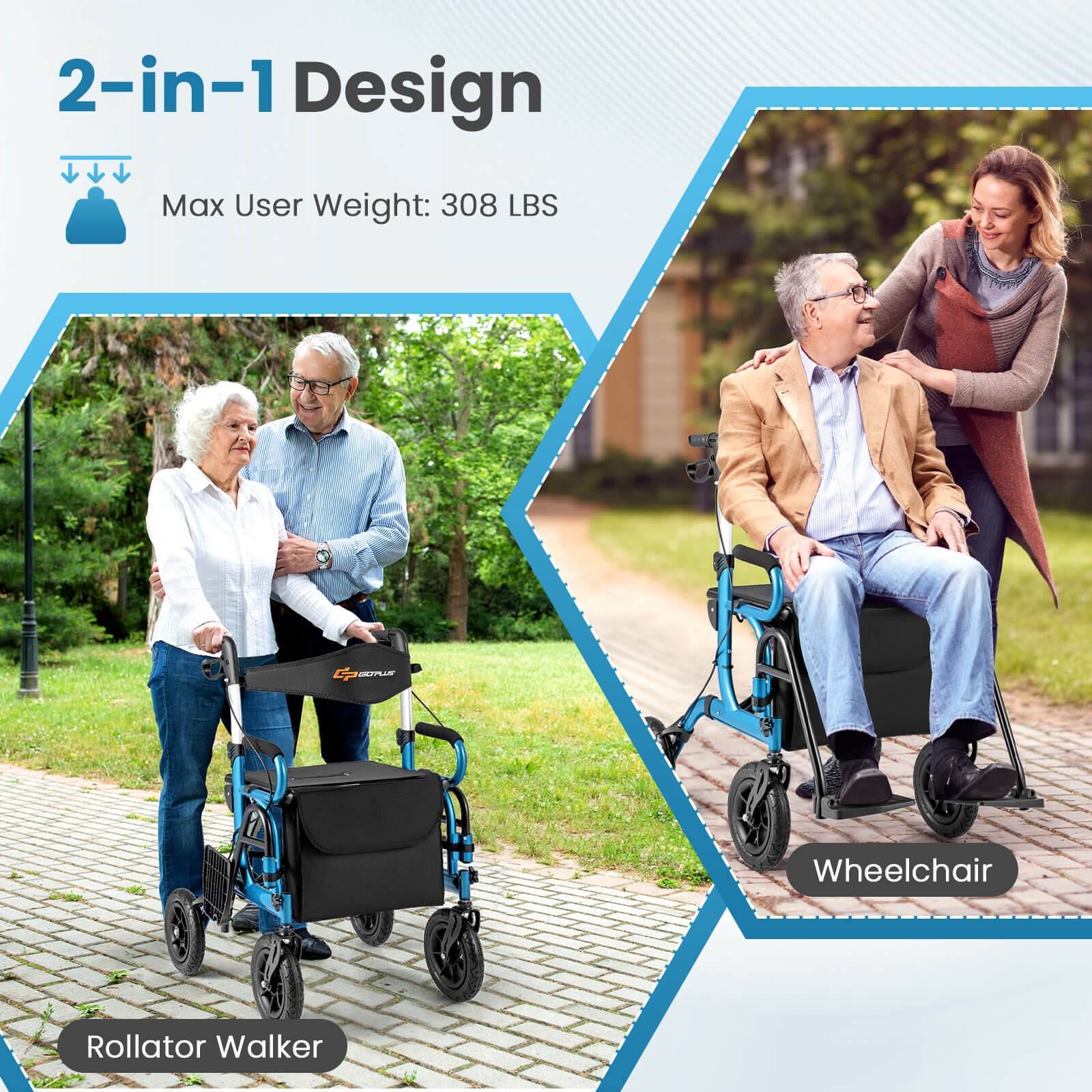 2-in-1 Design, Max User Weight: 308 LBS, Wheelchair, Rollator Walker