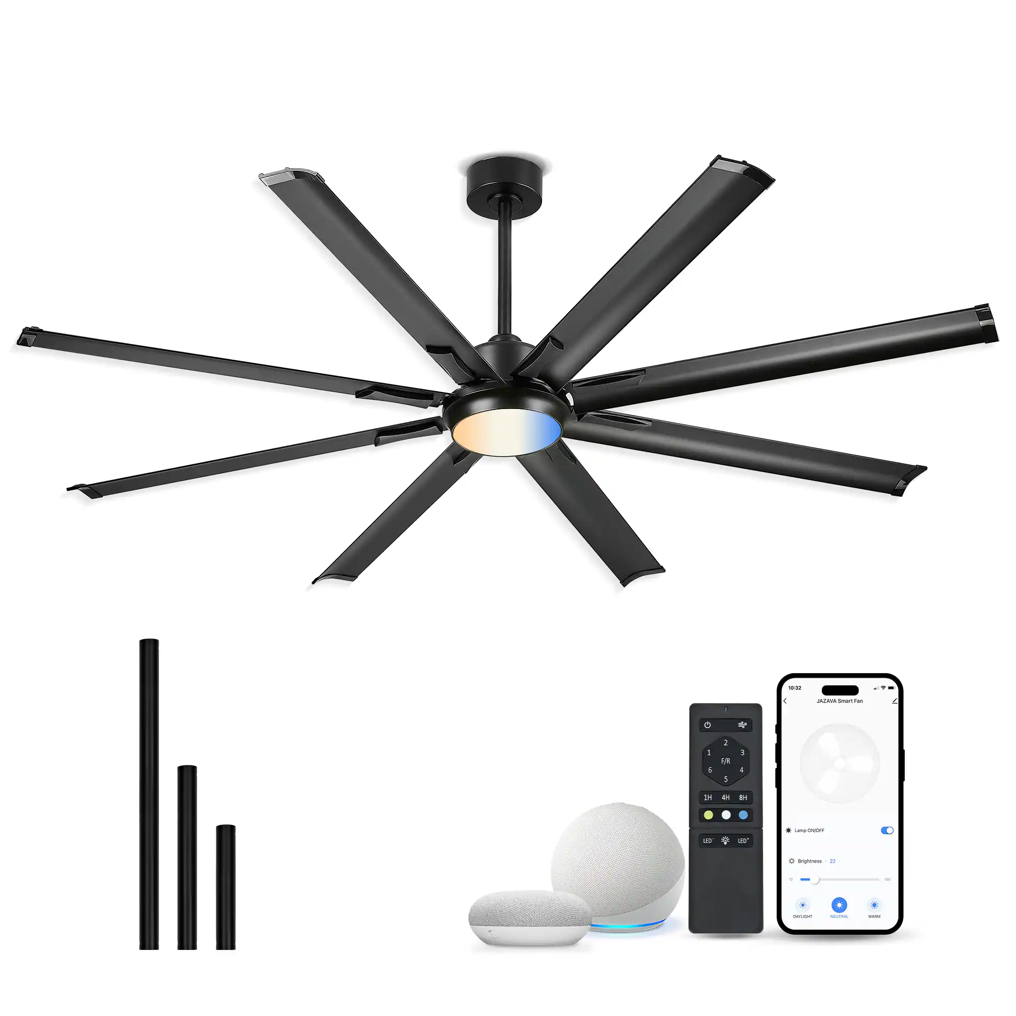 Front. JAZAVA - 72 Inch Ceiling Fan With Light,With 8 Aluminium Metal Blades,Works with Alexa and Google Home - Black.