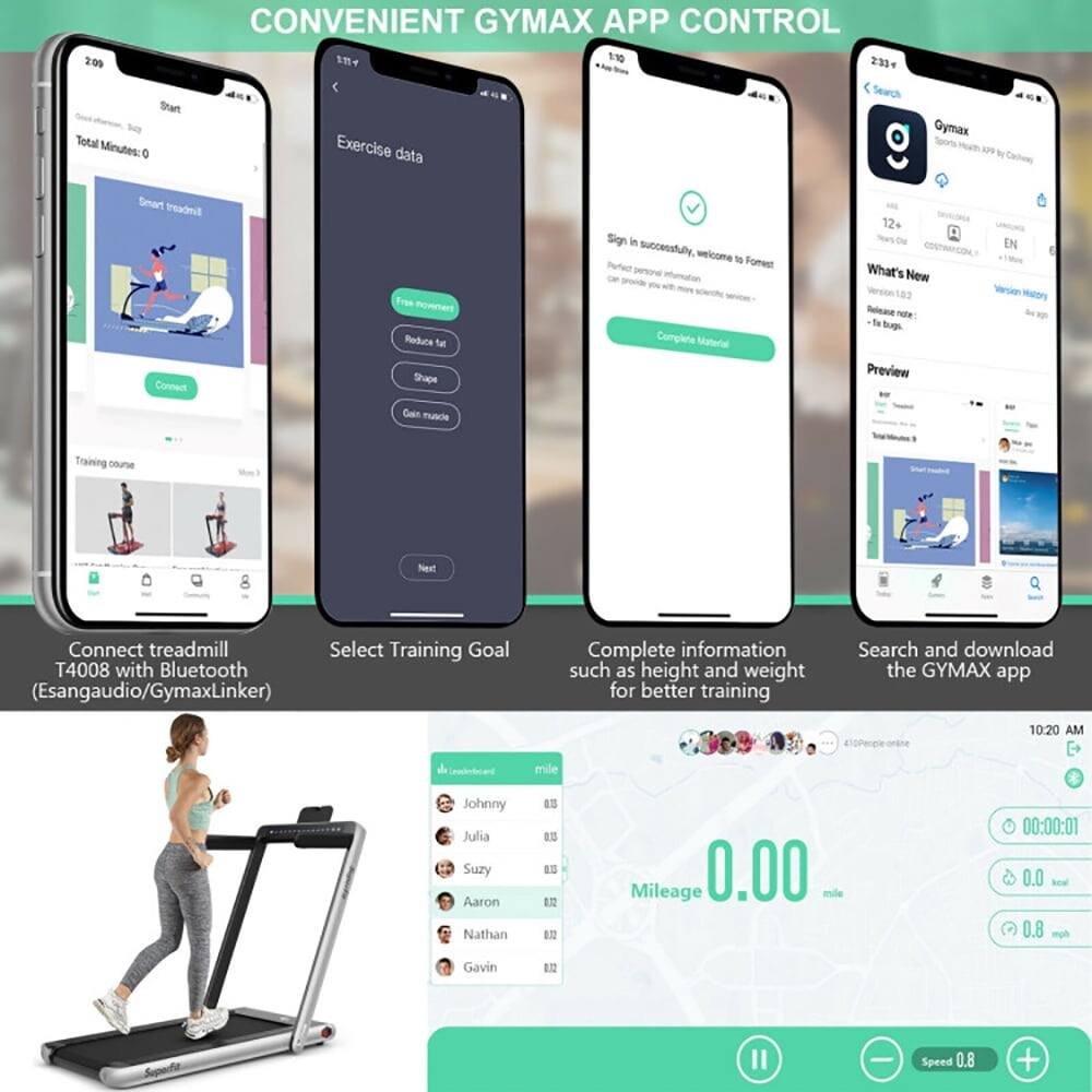 CONVENIENT GYMAPP CONTROL

209 1m4 1:10 2314

Search Shart Total Minutes: Exercise data Gymax Smart treadmill Connect Fose Incmetert Roduce for Shape Sign in successfully, welcome to Fomest Complete Noaterial 12+ Tees De EN COUTMAICON

What's New 182 Version Release note for Bugs Preview Gan mutcle Training course Neet Connect treadmill Select Training Goal T4008 with Bluetooth (Esangaudio/GymaxLinker) Complete information such as height and weight for better training Search and download the GYMAX app

A | 10:20 AM Losercard mile Johnny Julia Suzy Aaron Nathan ES ES ES EN E Mileage 0.00 00:00:01 0.0 boal 0.8 Gavin E Speed 0.8 +
