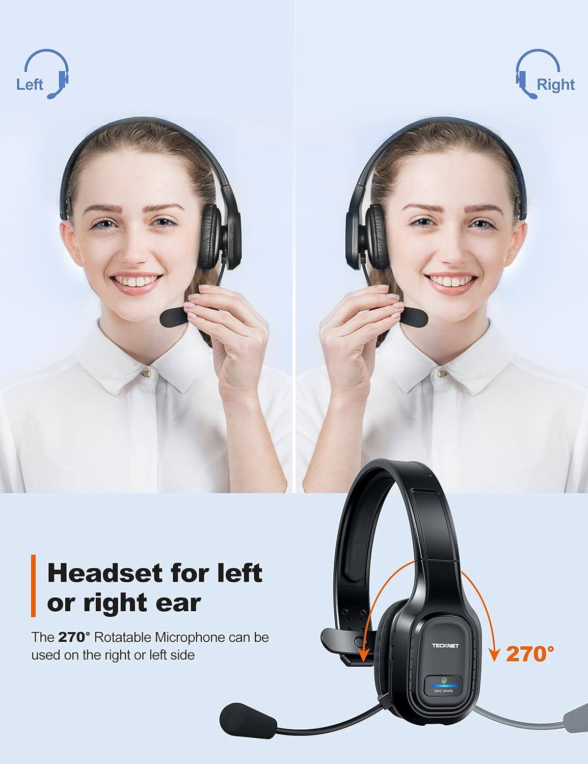 Left  
Right  
Headset for left or right ear  
The 270° Rotatable Microphone can be used on the right or left side  
TECKNET  
270